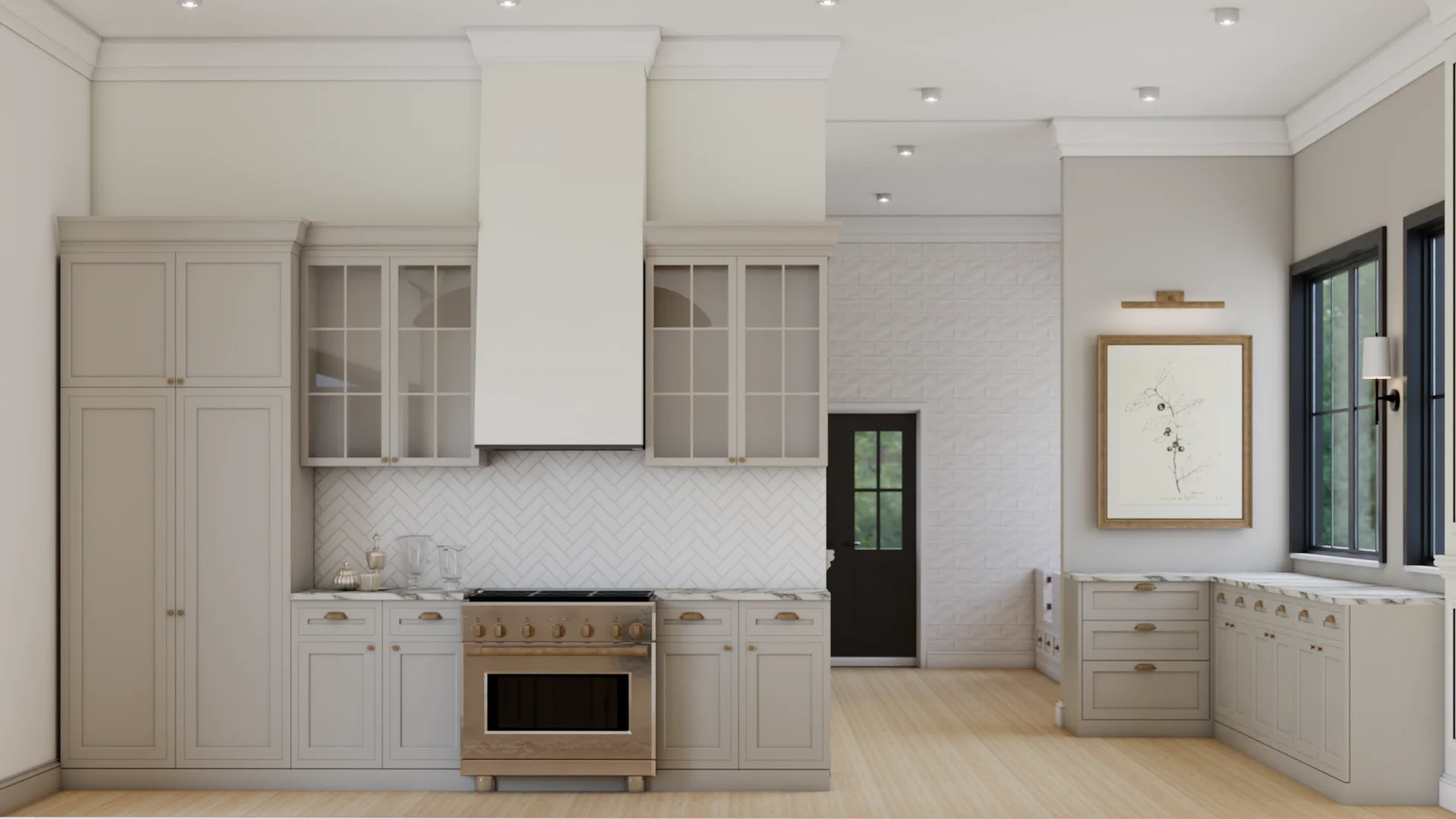Kitchen range wall with a white or greige range hood, greige shaker cabinets, a tile backsplash, black iron or brushed gold hardware, and warm oak hardwood floors throughout