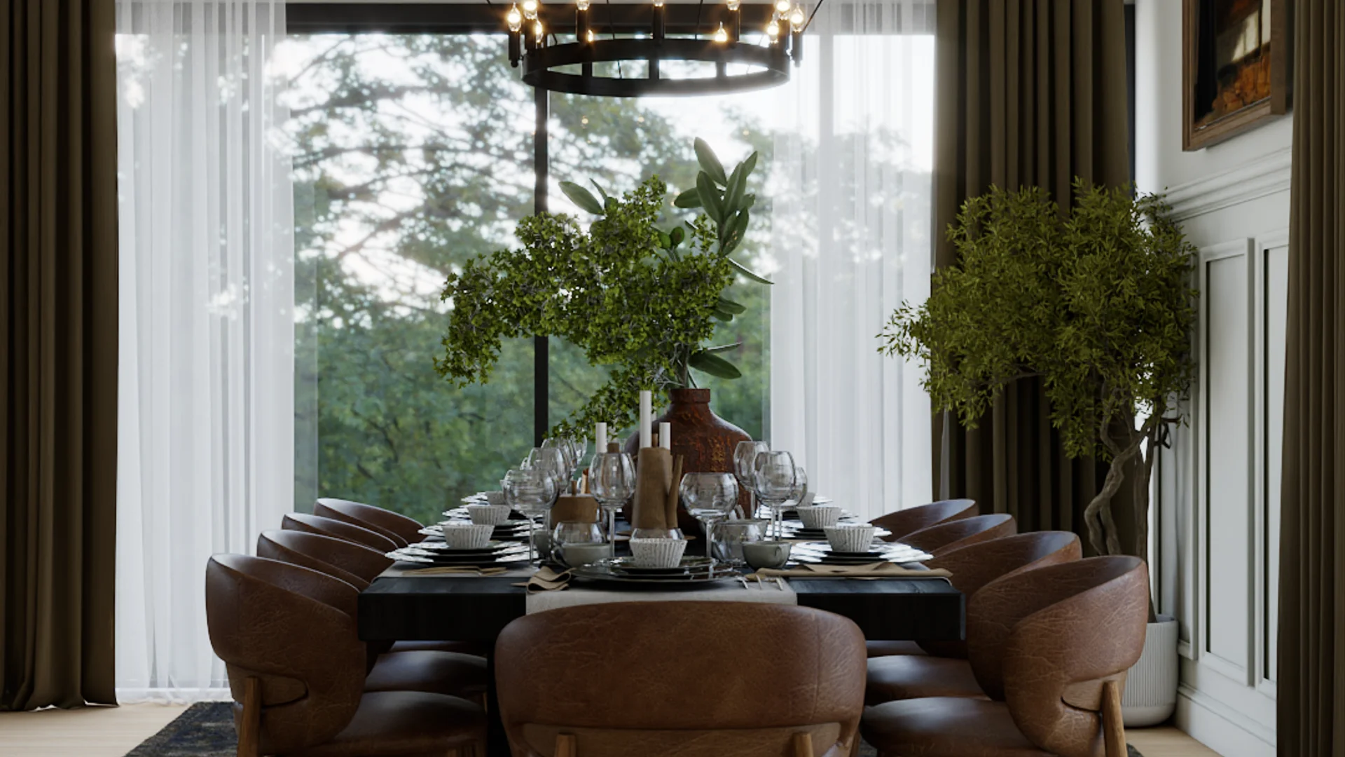 Dining room with a large black iron ring chandelier, floor-to-ceiling curtains on one wall, a dining table with upholstered chairs, white walls with shiplap wainscoting, and oak floors