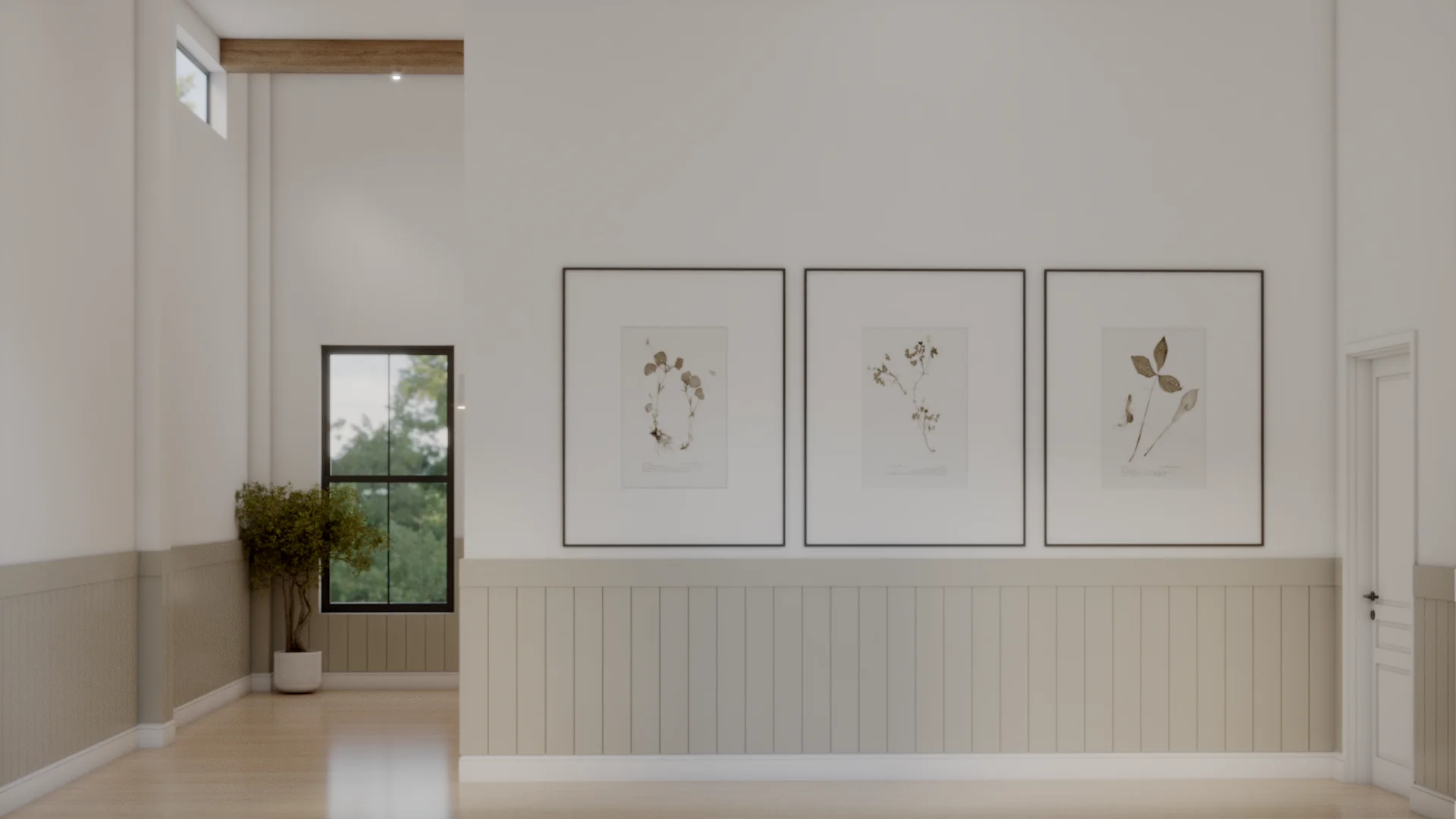 Entryway with white shiplap wainscoting panels on lower walls, a white painted upper wall, warm oak hardwood flooring, a light fixture overhead, and a view into the adjacent hallway