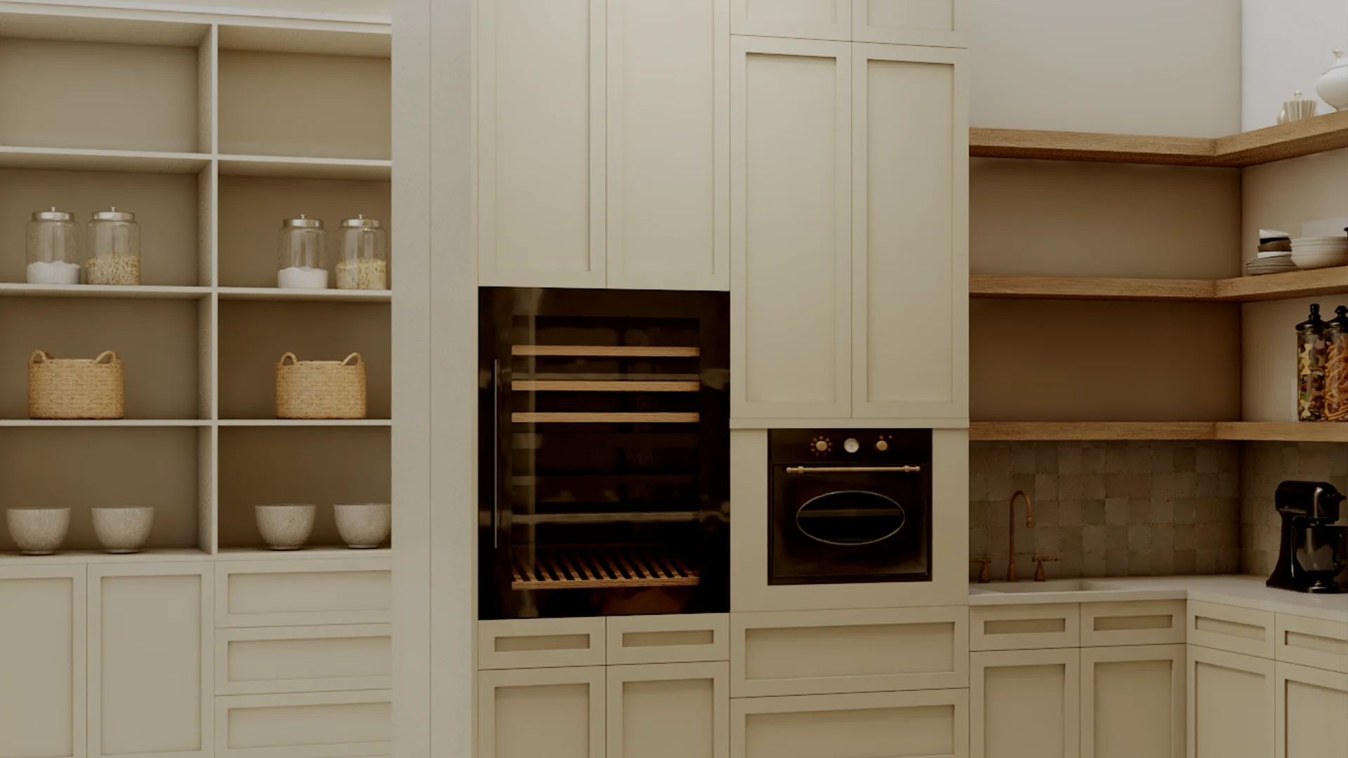 Kitchen pantry area with a built-in wine cooler integrated under a countertop, open shelving above for bottles and glasses, white shaker cabinet doors, and a clean neutral palette