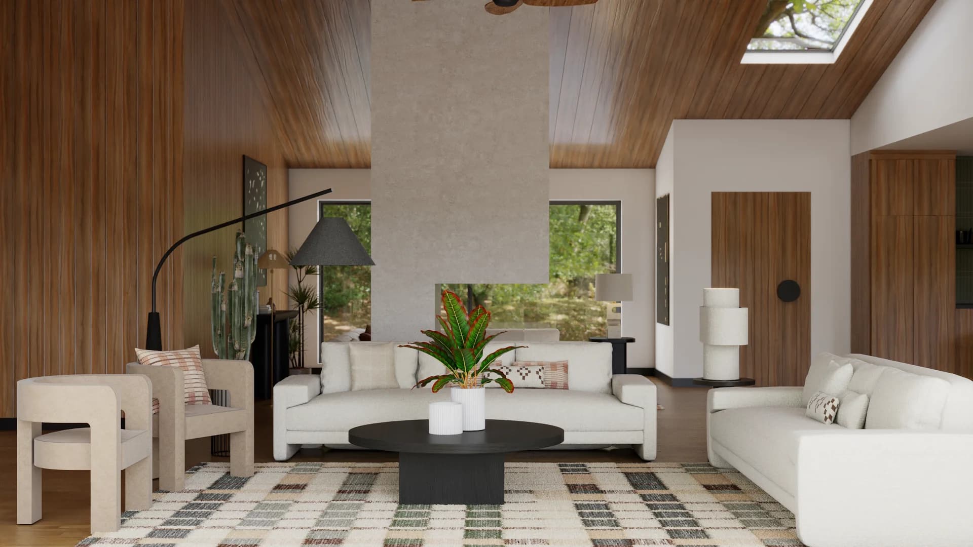 Vaulted walnut plank ceiling with skylight above white sofas, black coffee table, kilim rug, barrel chairs, and tropical plants