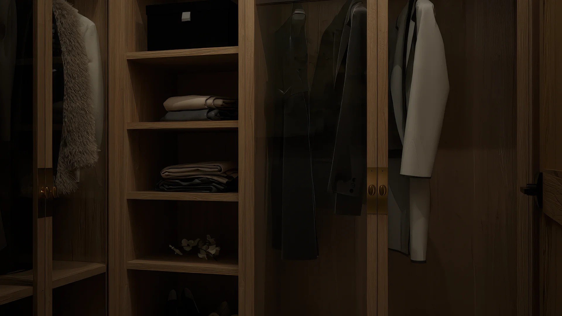 Full wall oak wardrobe in walk-in closet with glass-front doors, brass handles, hanging suits and jackets, folded sweater shelving, shoe storage, and patterned runner rug