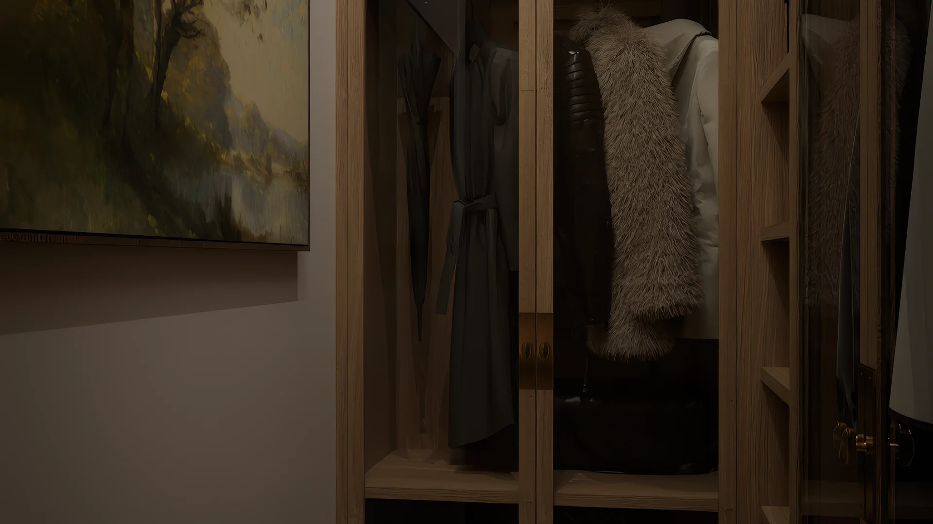 Walk-in closet detail with oak glass-front wardrobe cabinet, internal LED lighting, hanging robes visible through glass panels, and landscape oil painting on adjacent wall