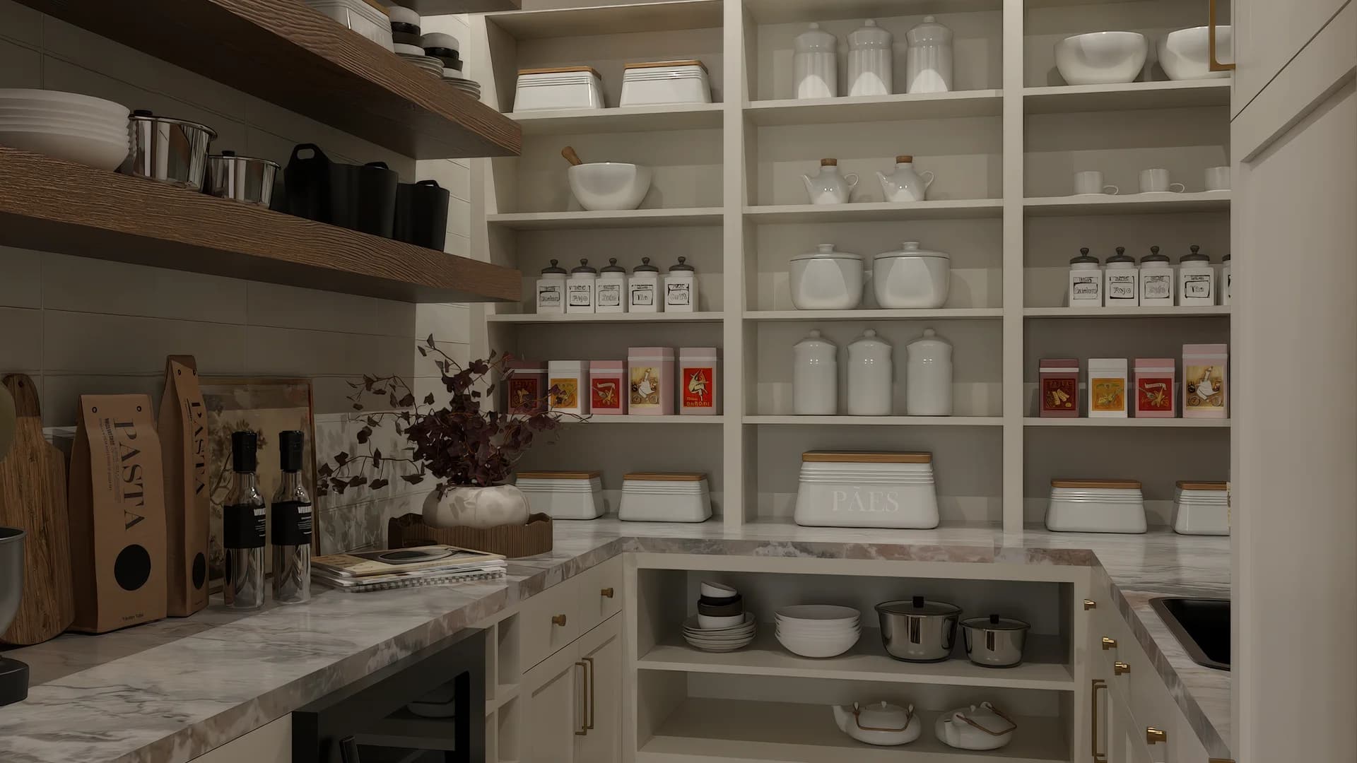 Walk-in pantry with L-shaped calacatta marble countertops, floating oak shelves with ceramic jars and cookbooks, brass hardware, and dried botanical centerpiece