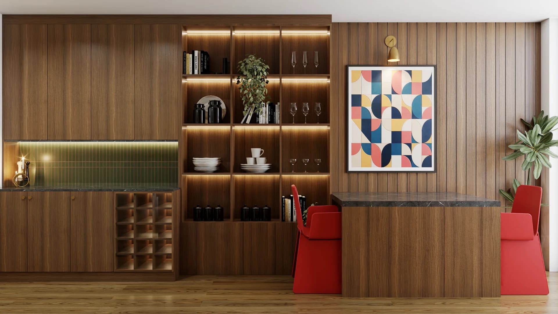 Walnut wood built-in bar cabinet with LED-lit open shelving displaying glassware, dark marble counter with two red bar stools, geometric framed artwork on fluted walnut wall panels, and wine bottle storage grid