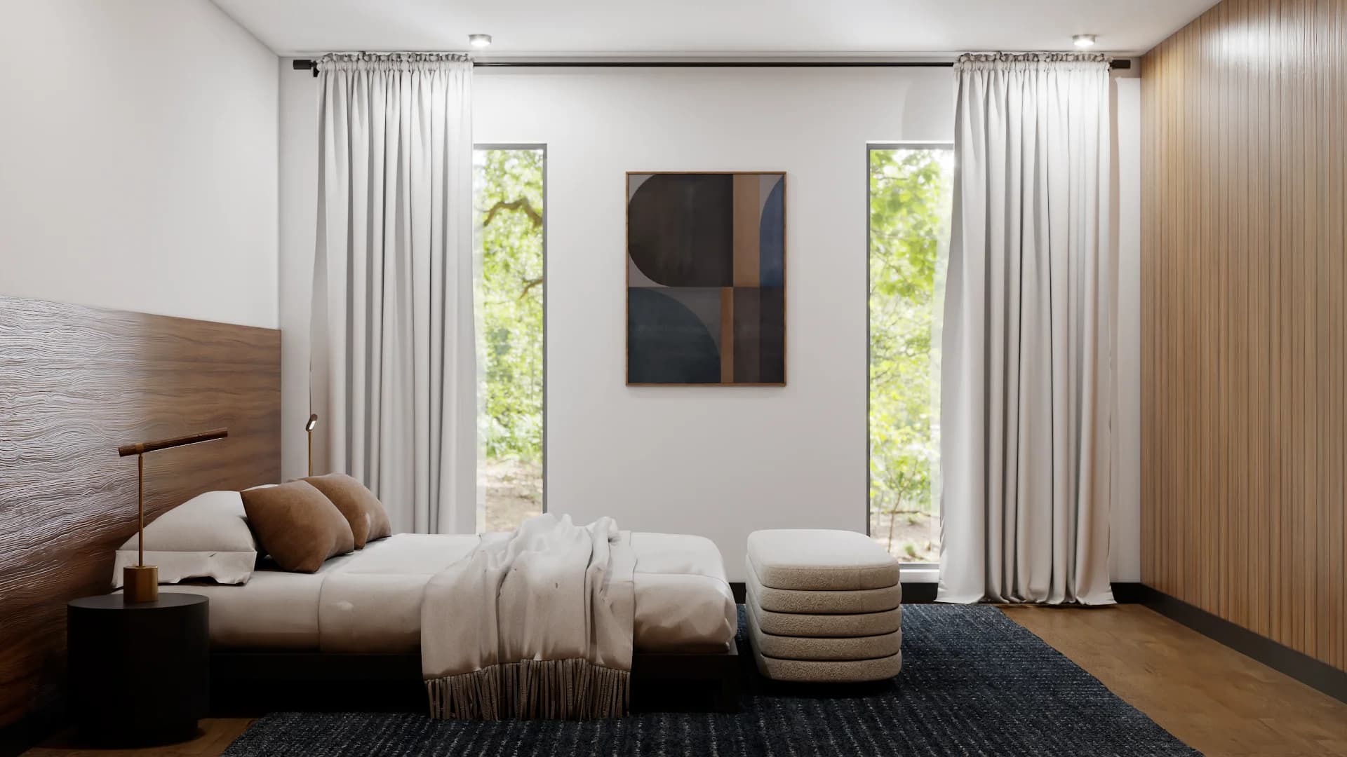 Bedroom with walnut headboard panel, white linen bedding, cream curtains at garden windows, ribbed ottoman, and charcoal rug