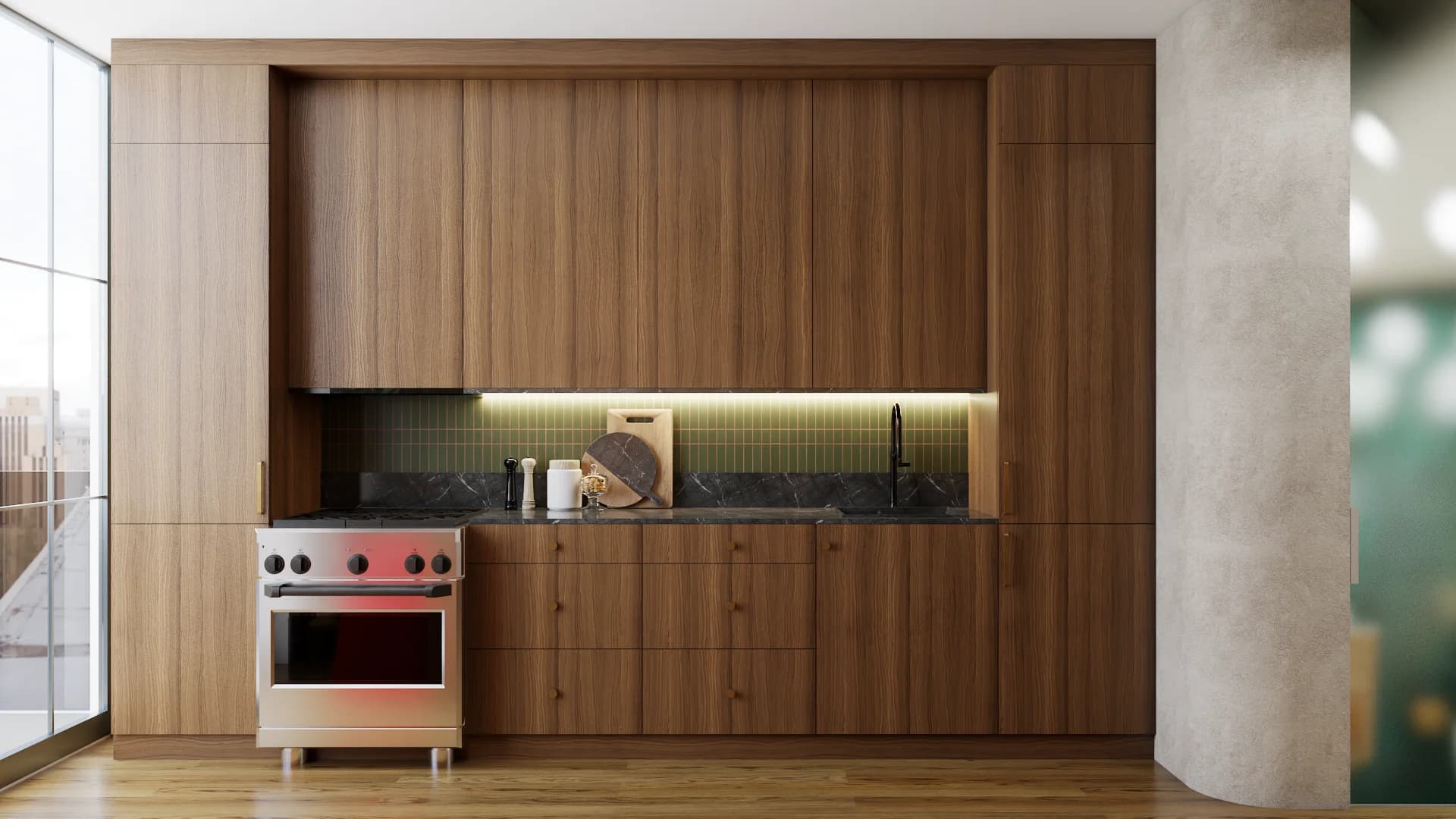 Floor-to-ceiling walnut wood kitchen cabinetry with integrated LED strip lighting, dark green tile backsplash, black marble countertop, professional range with red knobs, and oak hardwood flooring