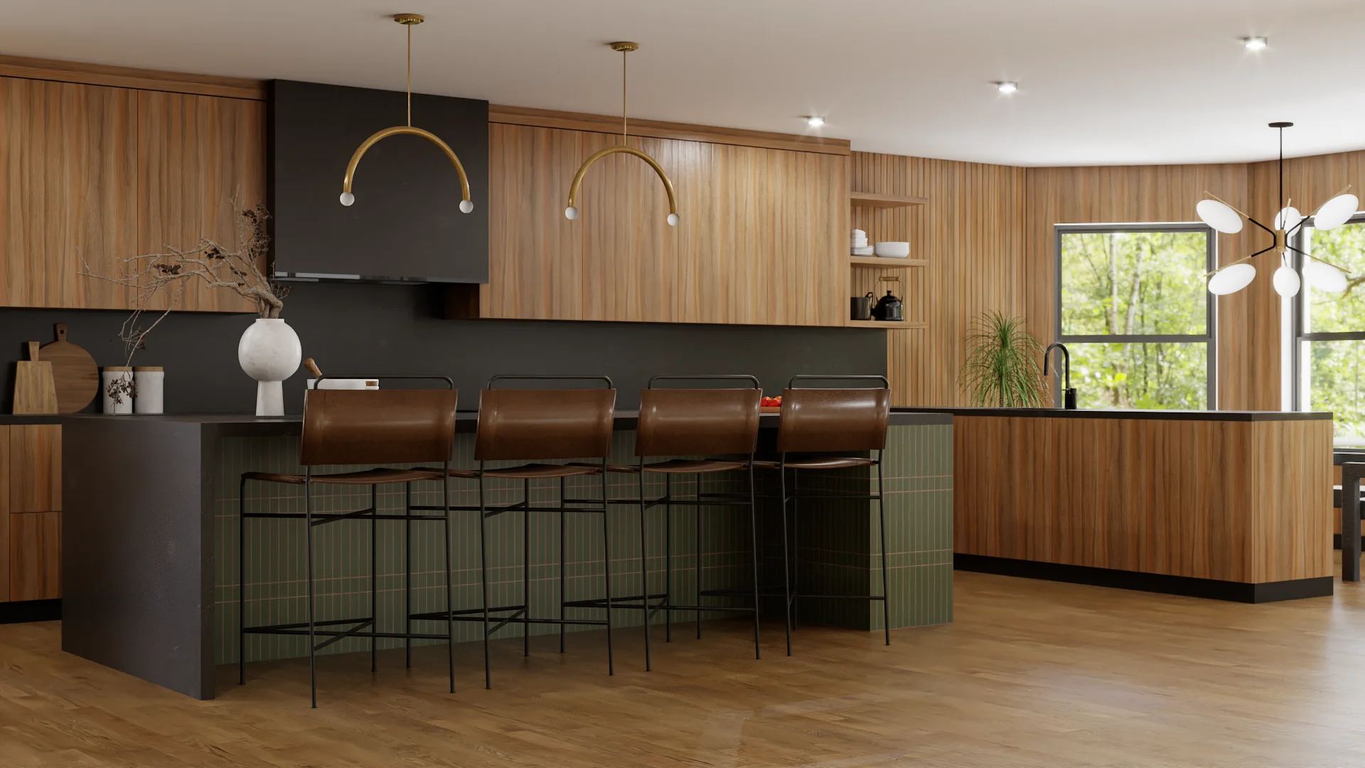 Kitchen with walnut cabinetry, charcoal backsplash, green tile island, brown leather bar stools, and brass arch pendant lights