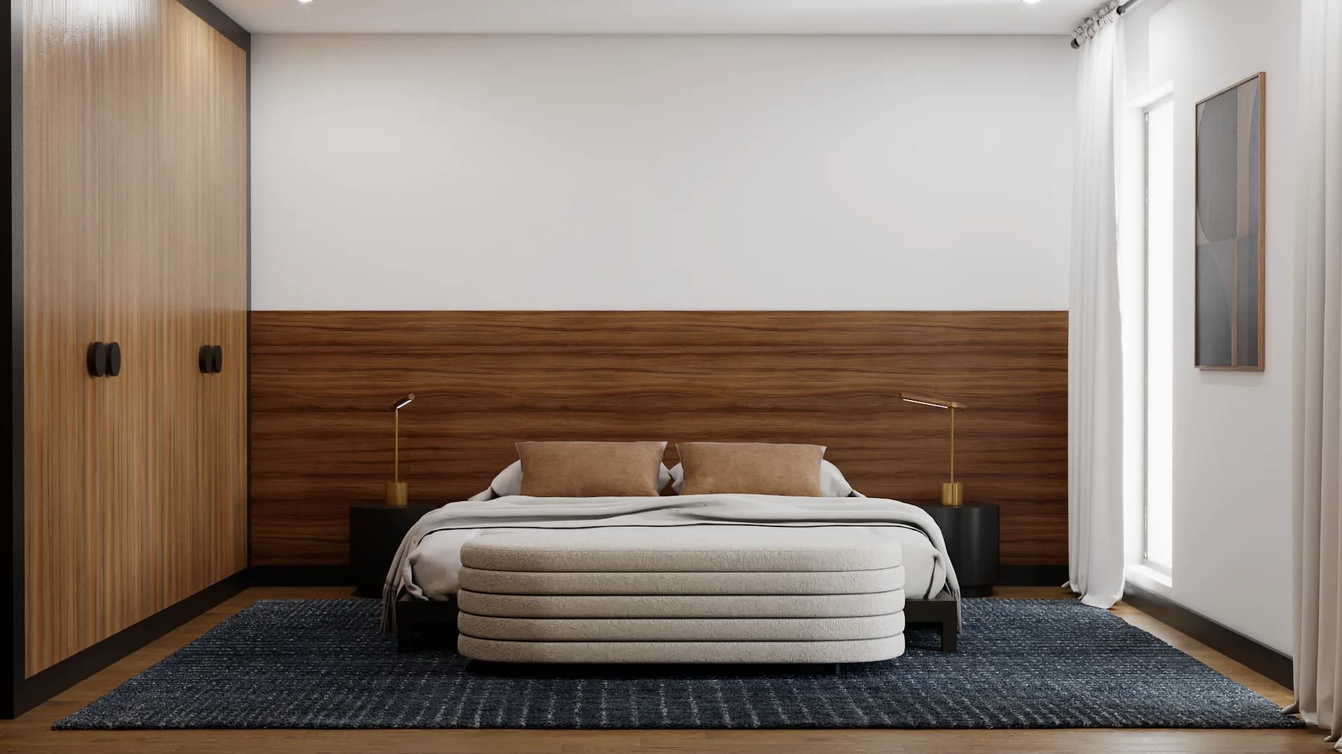 Bedroom with walnut panel headboard wall, white platform bed, brass swing-arm sconces, cream bench, and navy textured rug