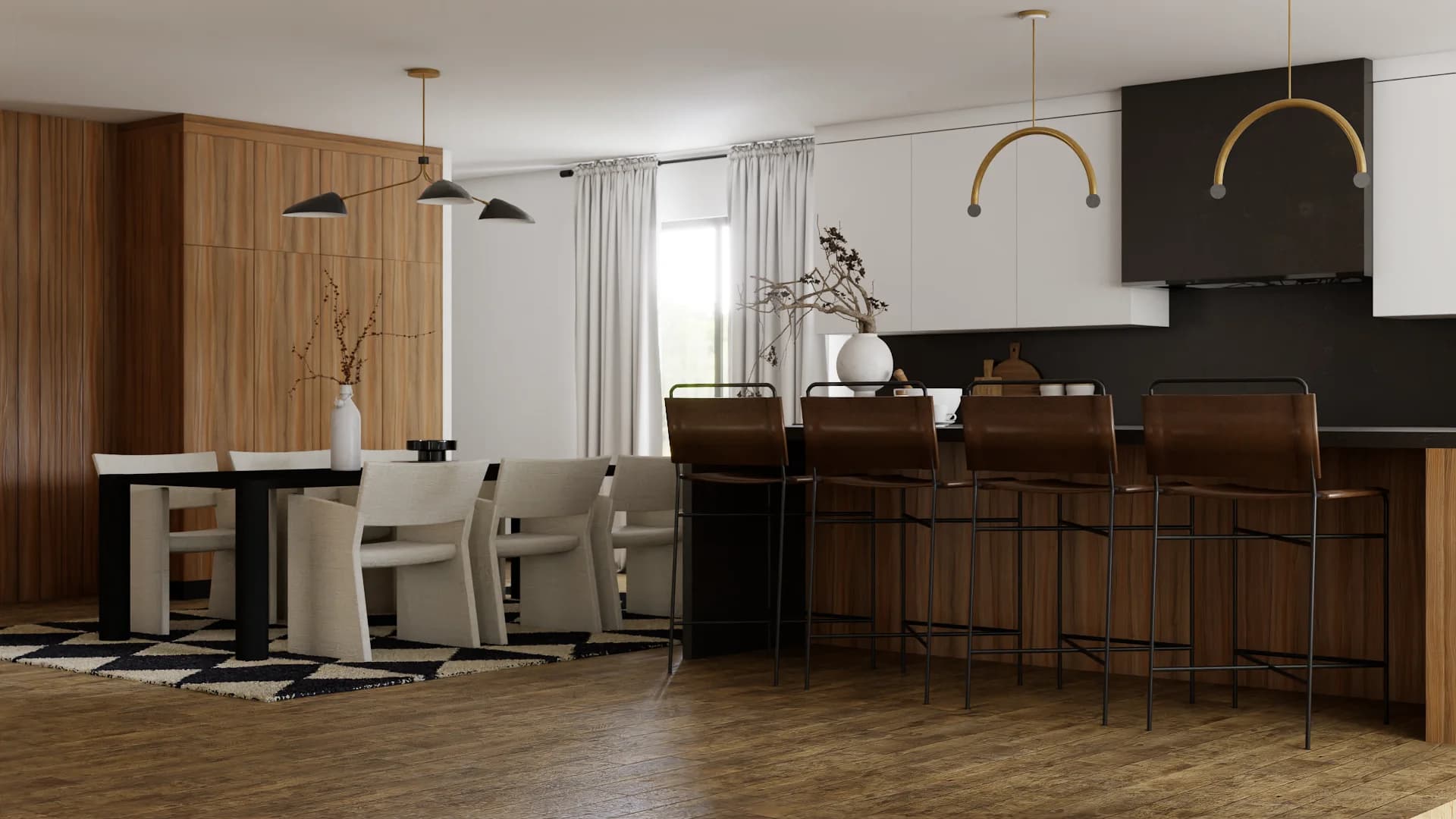 Dining area with black table, cream chairs, walnut panel wall, kitchen island with leather bar stools, and brass pendants