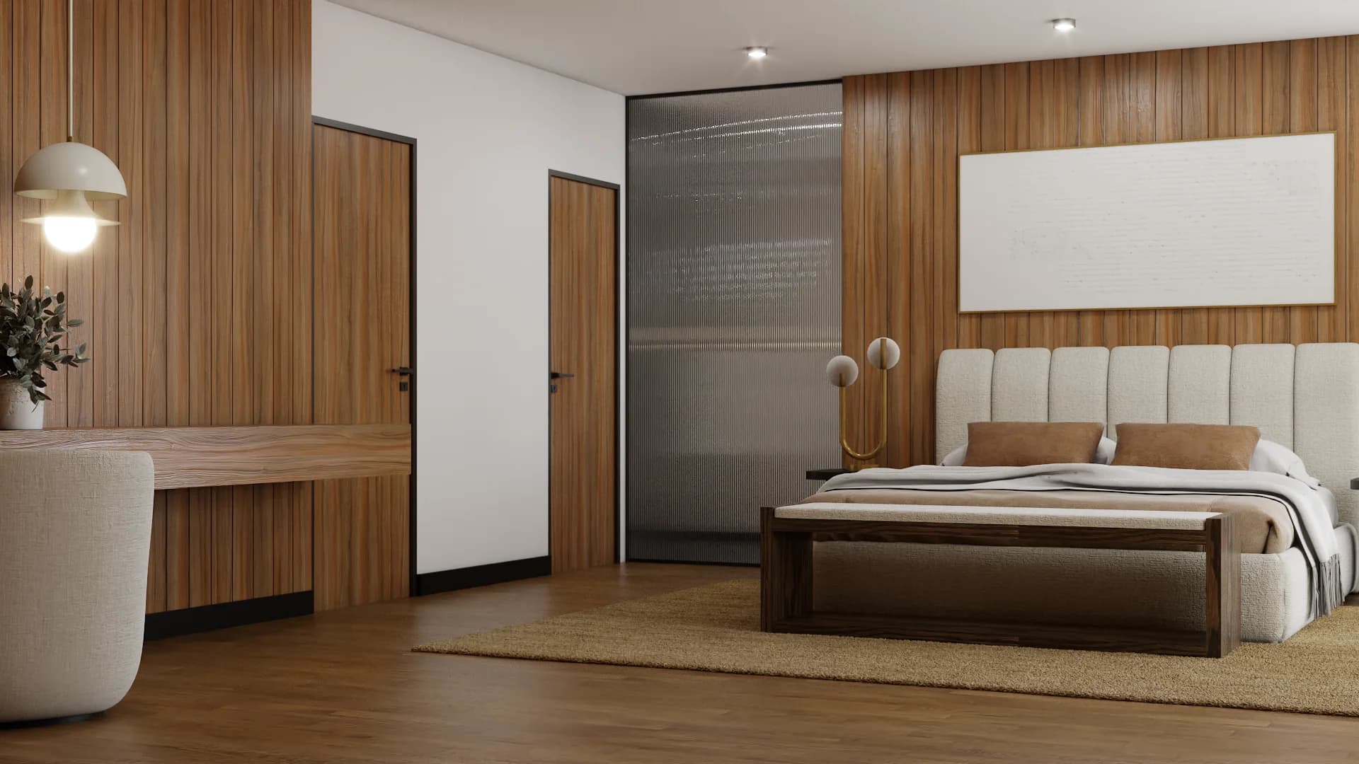 Master bedroom with walnut panel wall, cream headboard, dark wood bed frame, globe pendant, walnut desk nook, and glass wardrobe