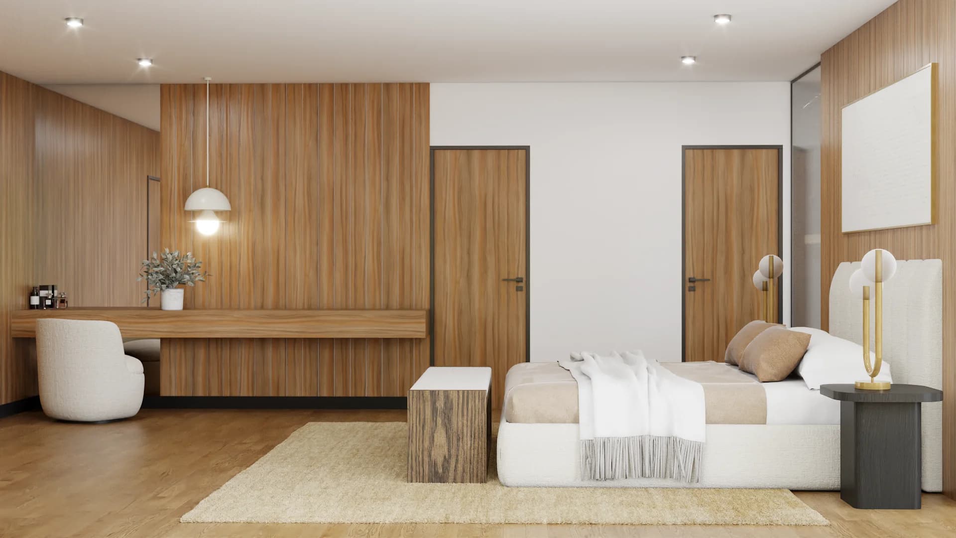 Master bedroom with walnut panel accent wall, white platform bed, earth-tone pillows, jute rug, barrel chair, and pendant lamp