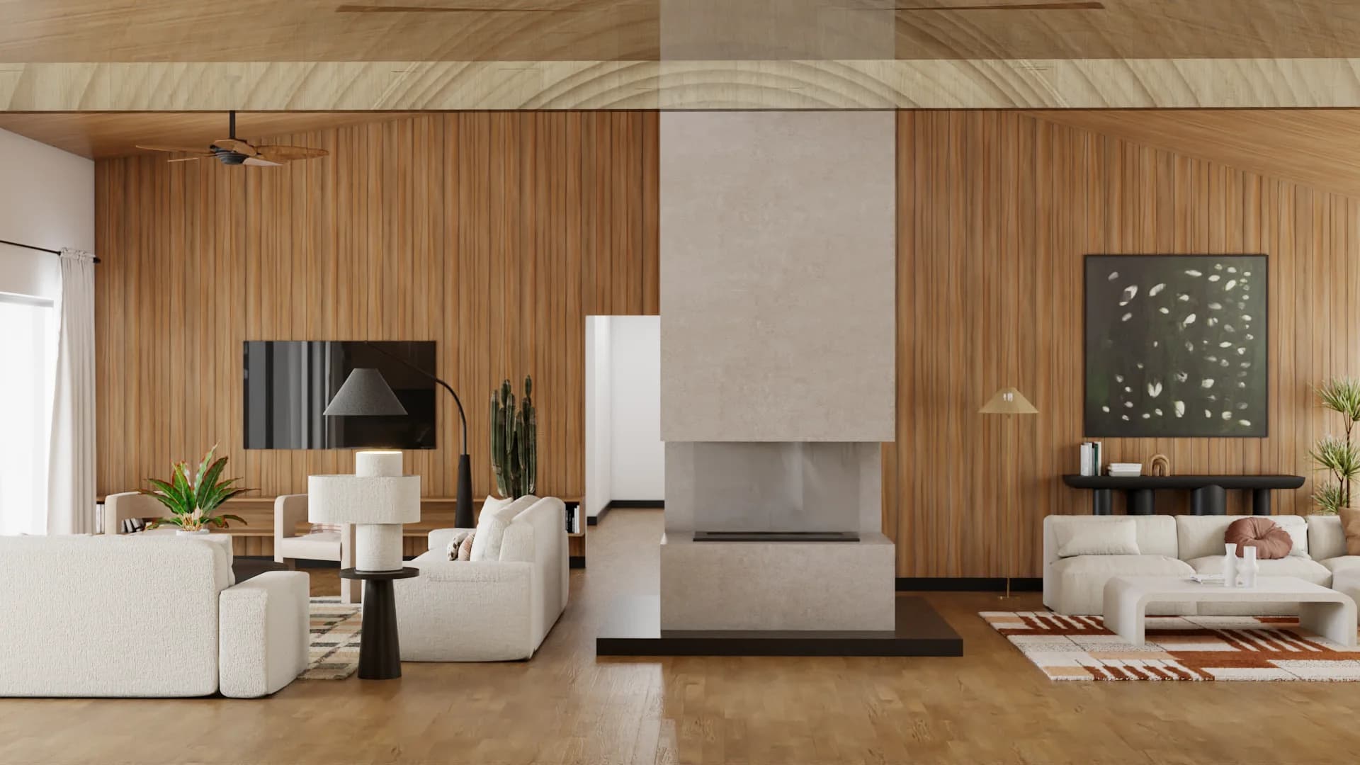 Open living room with walnut wall panels, beam ceiling, concrete double-sided fireplace, white sofa zones, and earth-tone rug