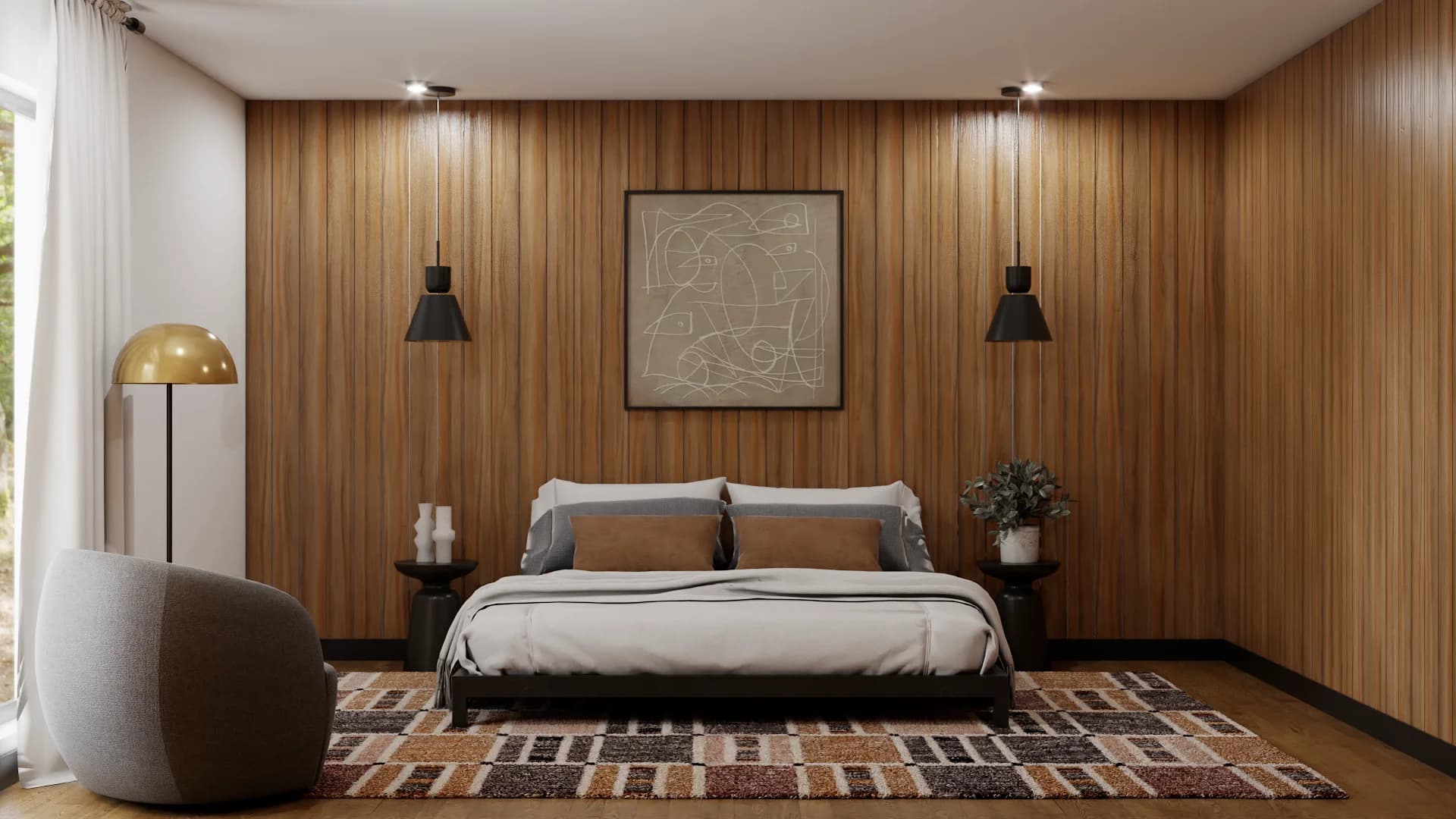Walnut slat accent wall behind dark platform bed with linen bedding, kilim rug, black cone pendants, and gold floor lamp