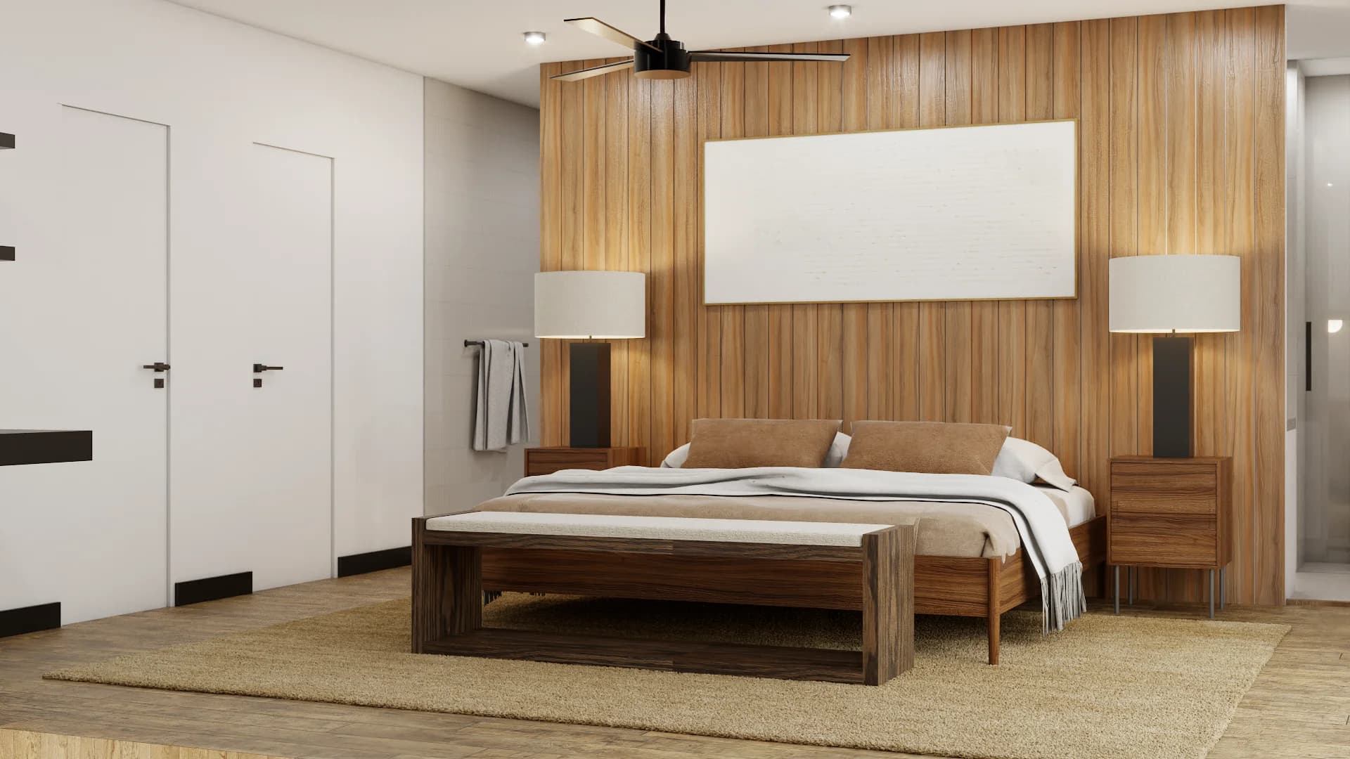 Bedroom with walnut slat accent wall, upholstered platform bed, matching nightstands, drum shade lamps, wood bench, and jute rug