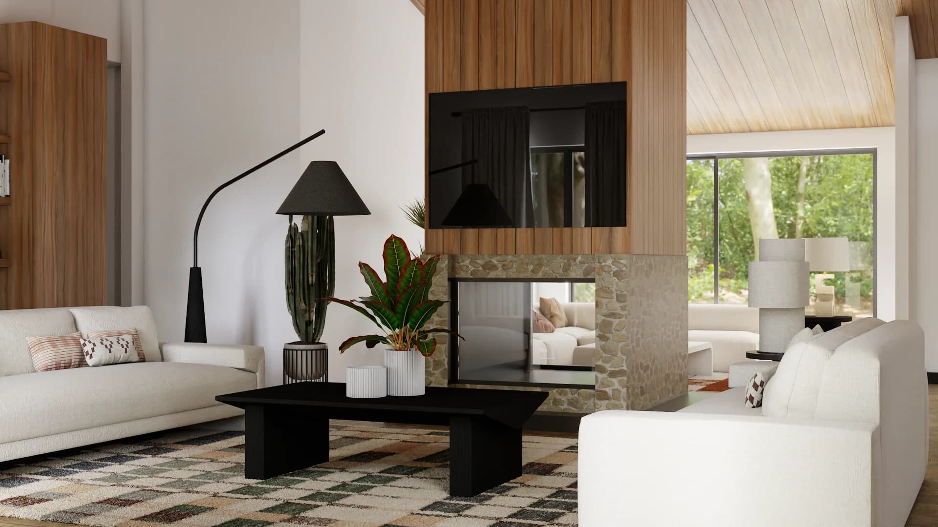 Living room with walnut slat fireplace surround, wall-mounted TV, stone hearth, black coffee table, cream sofas, and kilim rug