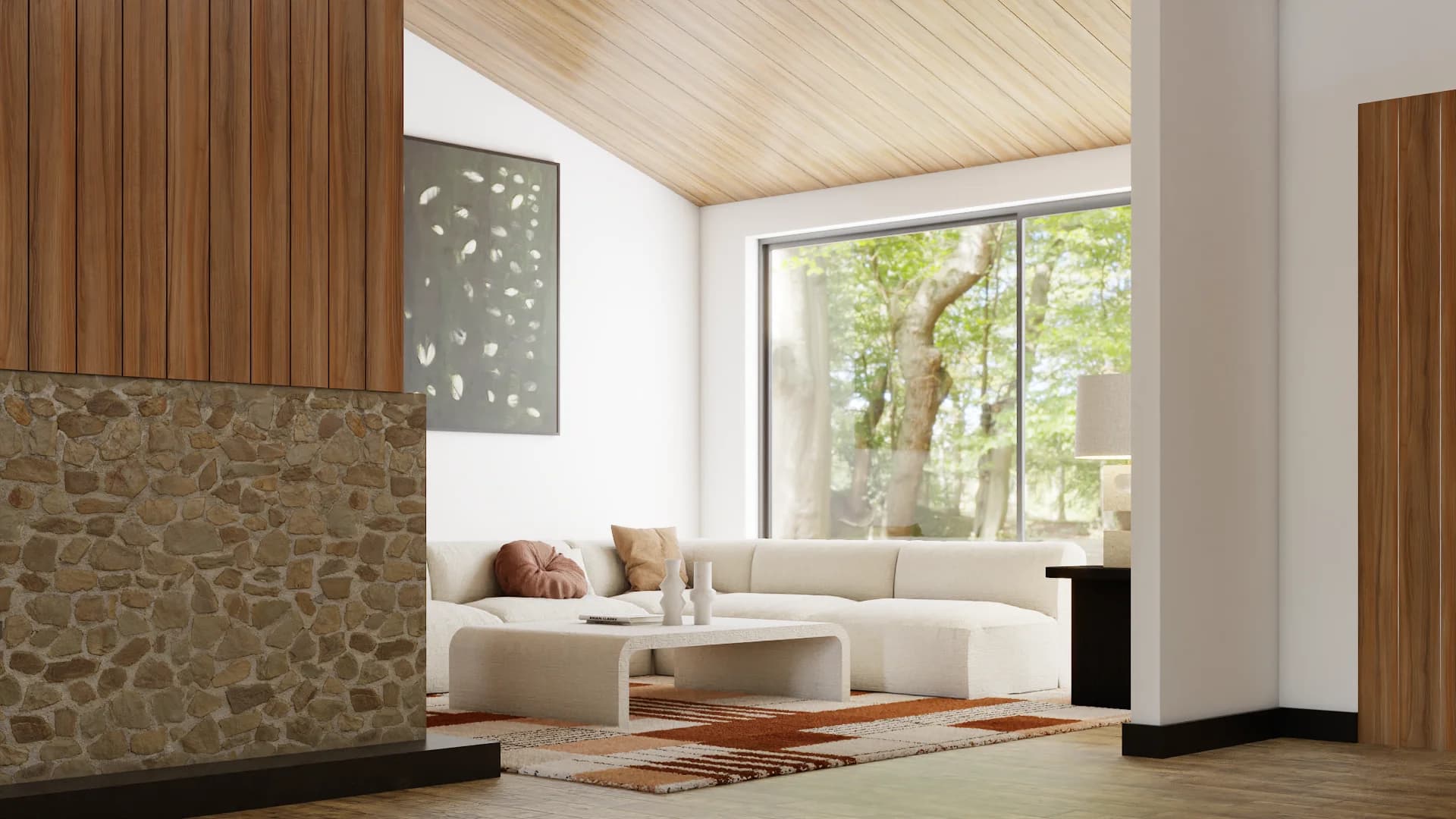 Living room with stone fireplace wall, angled walnut plank ceiling, cream sectional, terracotta kilim rug, and floor-to-ceiling forest windows, by Debora Interiors