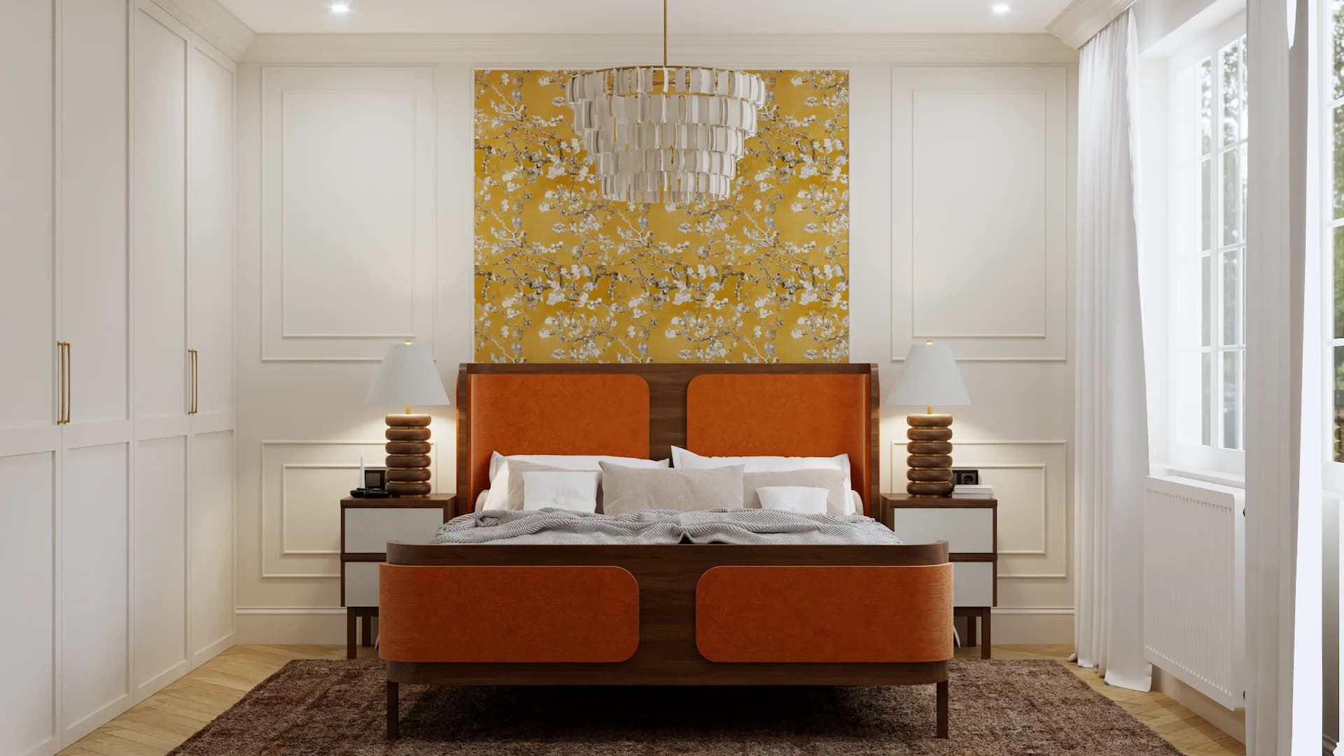 Transitional bedroom with walnut-framed terracotta upholstered bed, floral amber wallpaper panel, tiered mother-of-pearl chandelier, and white wainscoting panels