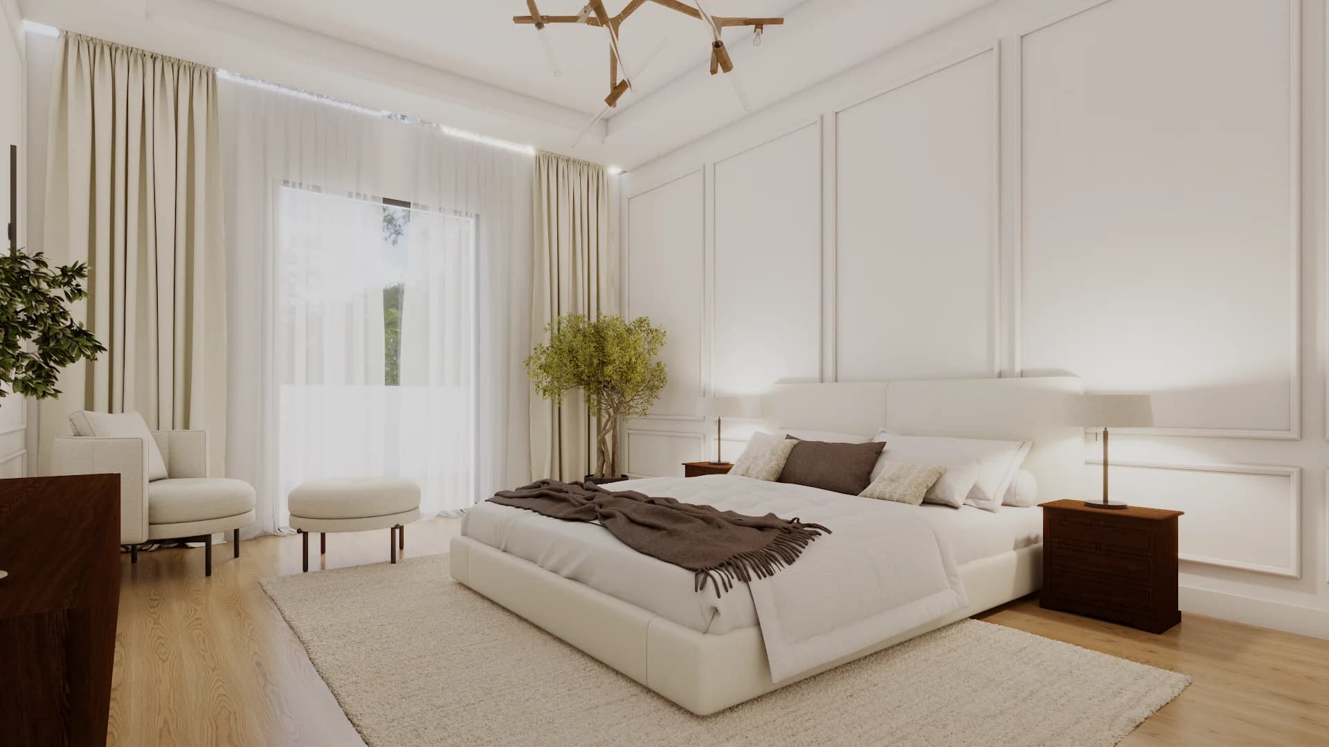 White primary bedroom with panel wainscoting, wood branch chandelier, and oak floors