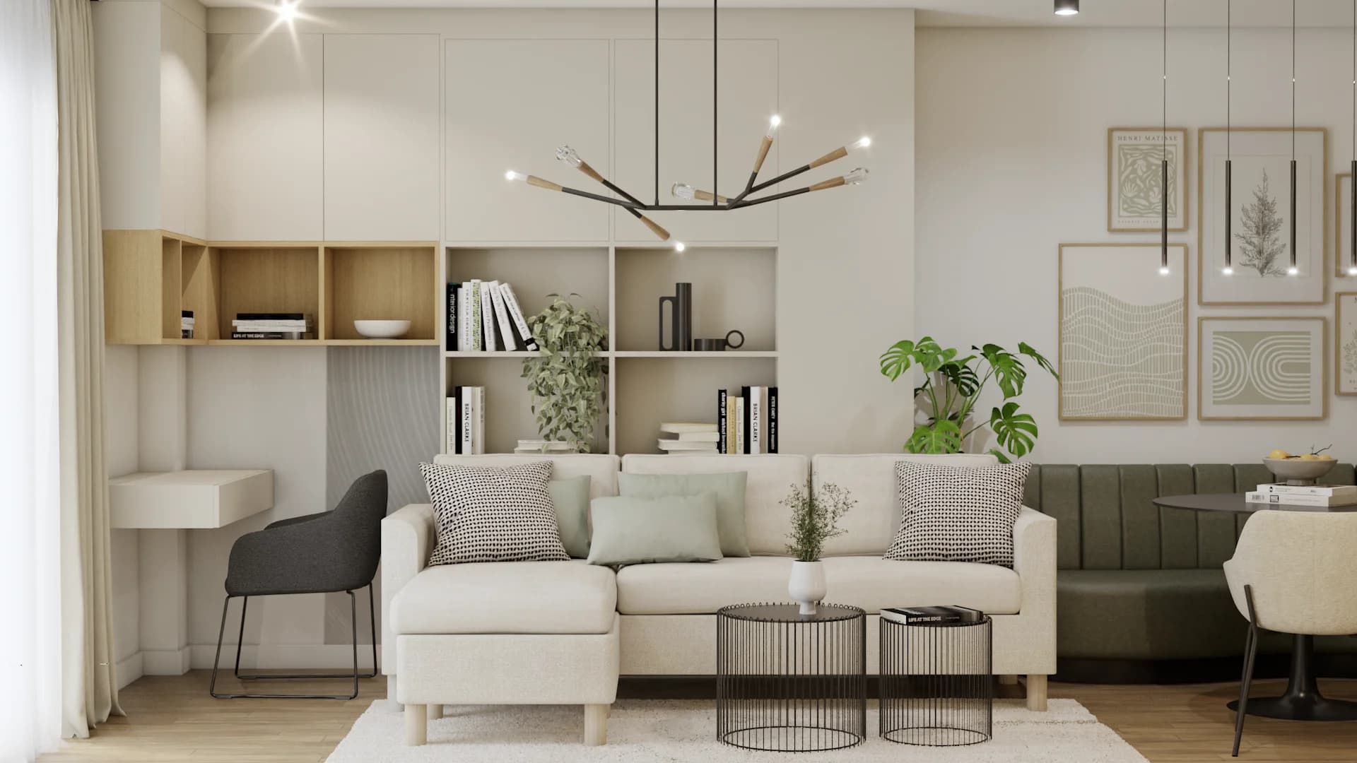 Open Japandi living-dining zone with cream sectional, branch chandelier, gallery shelving, and sage velvet banquette