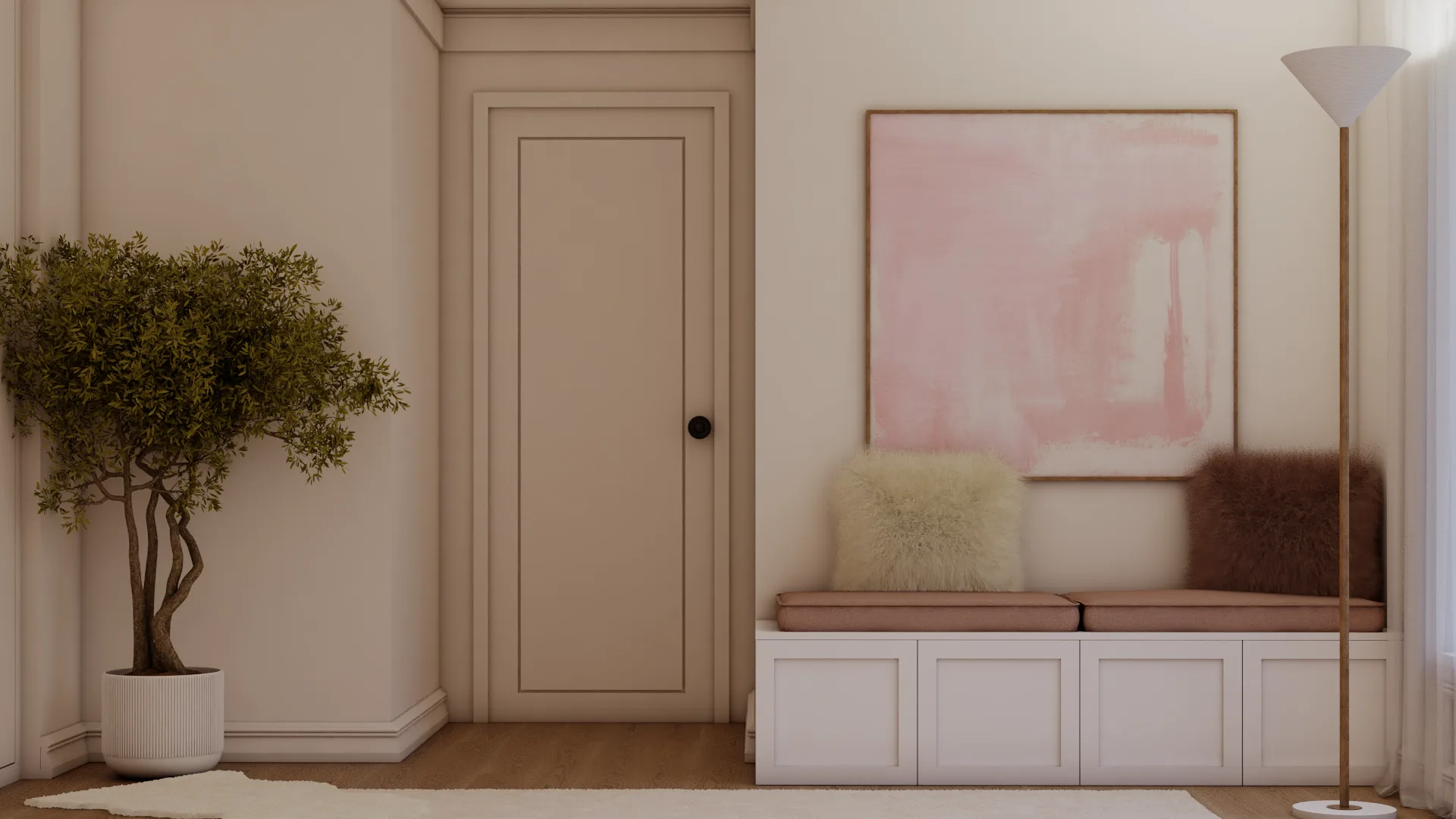Entryway with built-in white storage bench, blush cushion, large pink abstract painting, and brass floor lamp