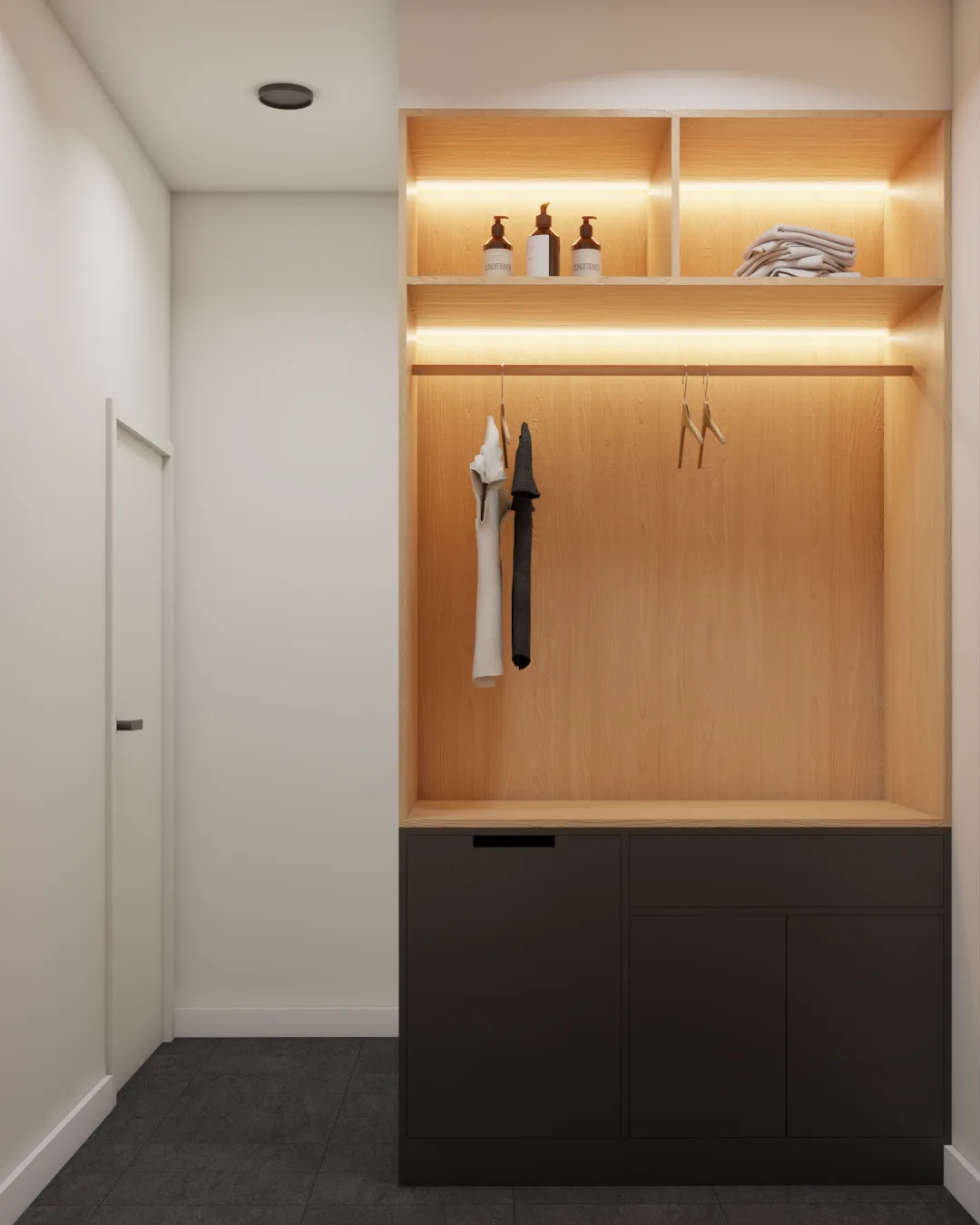 Compact mudroom nook with LED-lit oak-lined alcove, black hanging rod with coats, open shelves with toiletries, and char