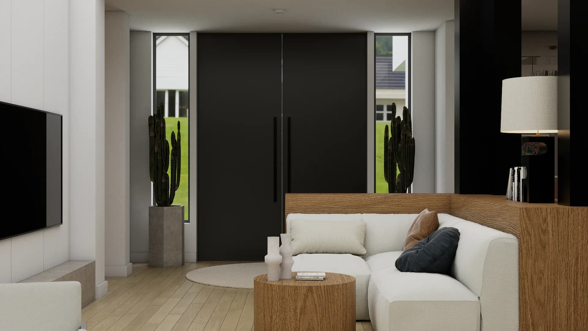 Front door vestibule with matte black double doors, white console, and cactus planters