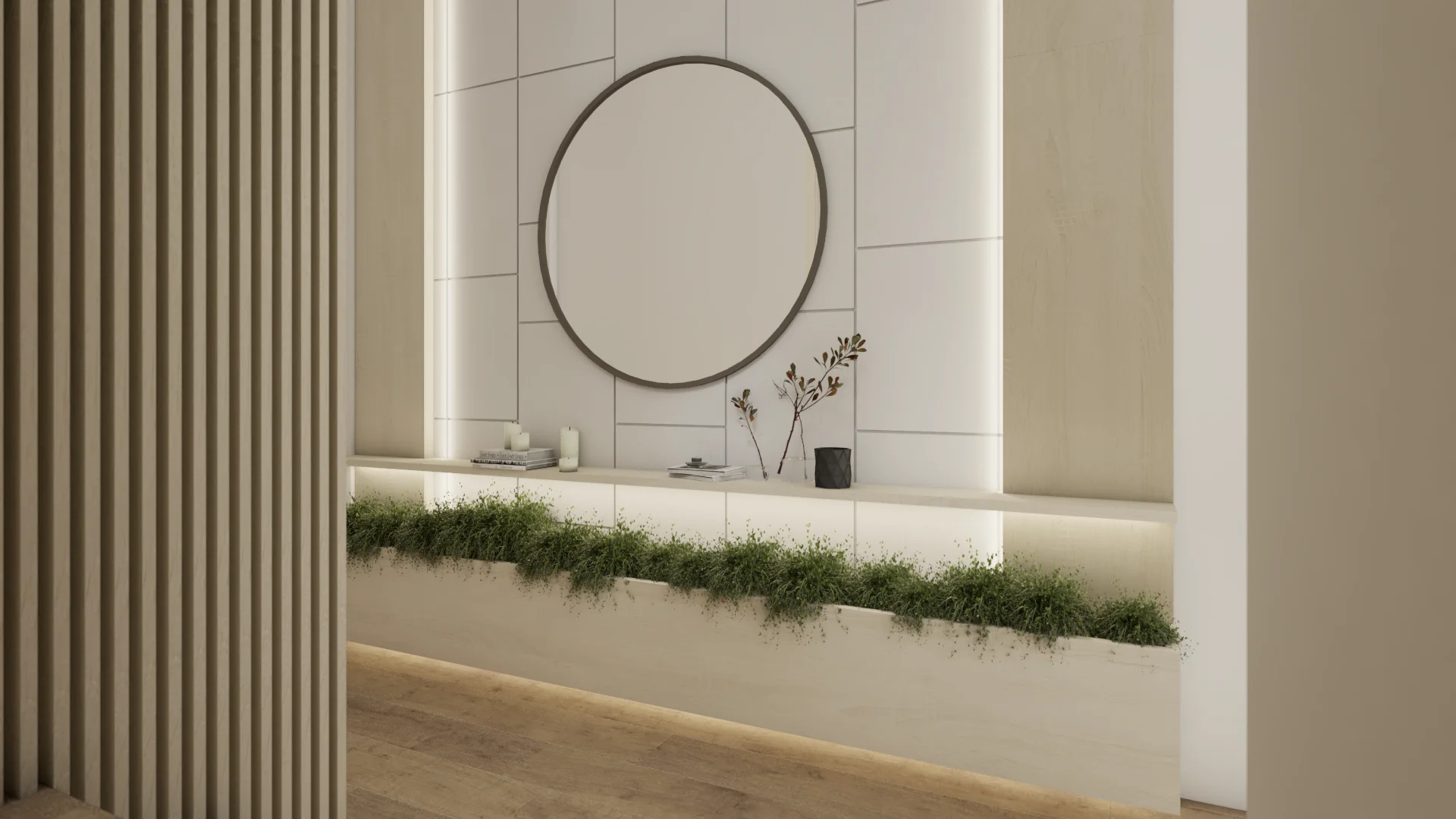 Entryway with vertical oak slat accent wall, backlit round mirror on white tile panel wall, floating ledge with vase, and live plant trough at floor level