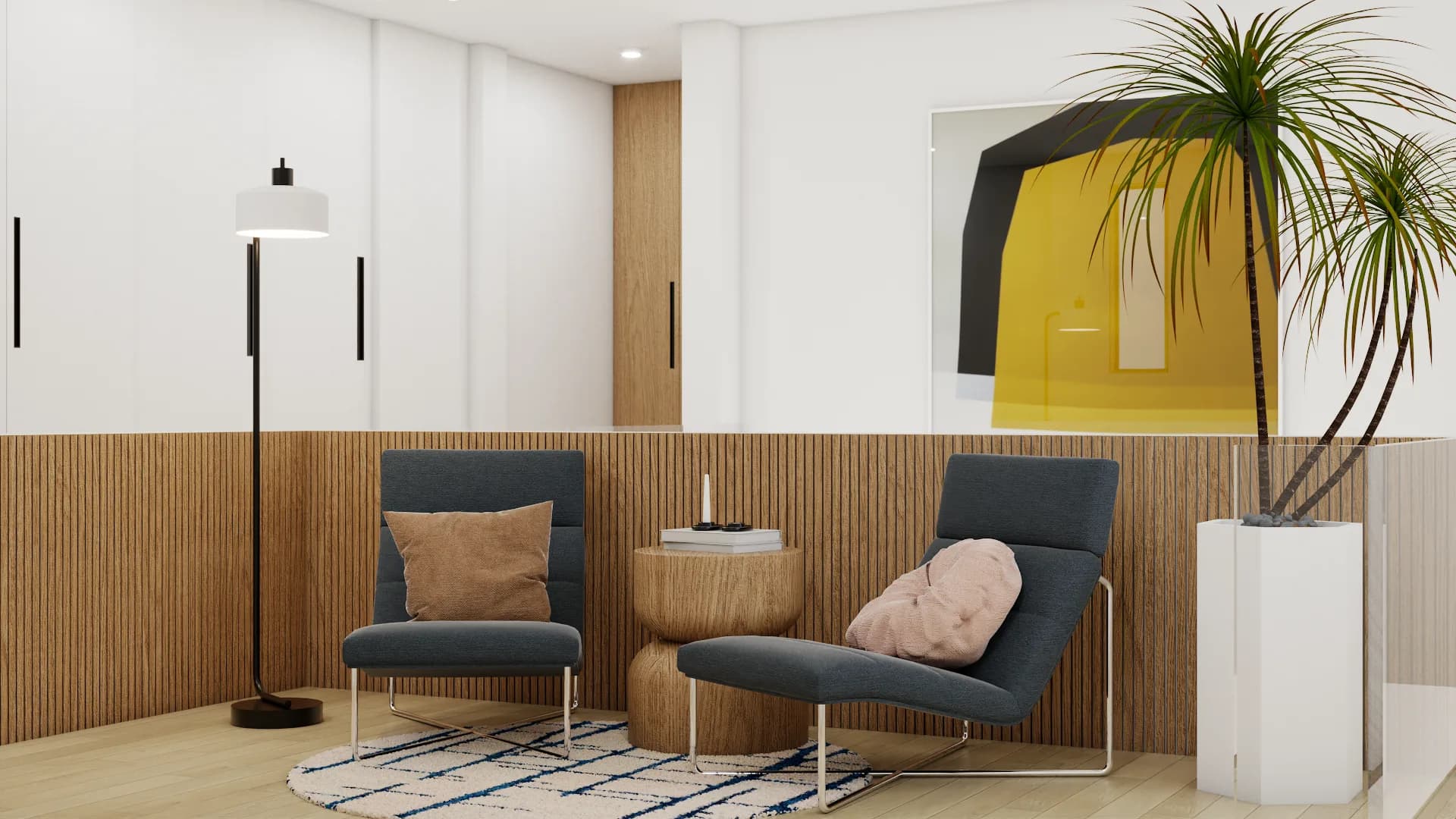 Wide view of hallway nook with oak wainscoting, lounge chairs, yellow canvas, and palm
