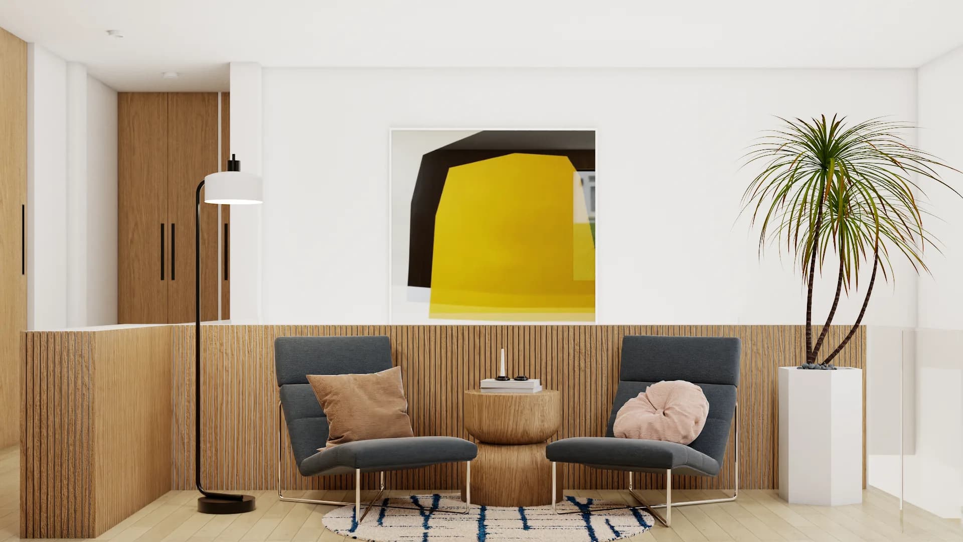 Entryway sitting nook with slate-gray lounge chairs, oak drum table, oak slat wainscoting, yellow abstract art, and palm planter