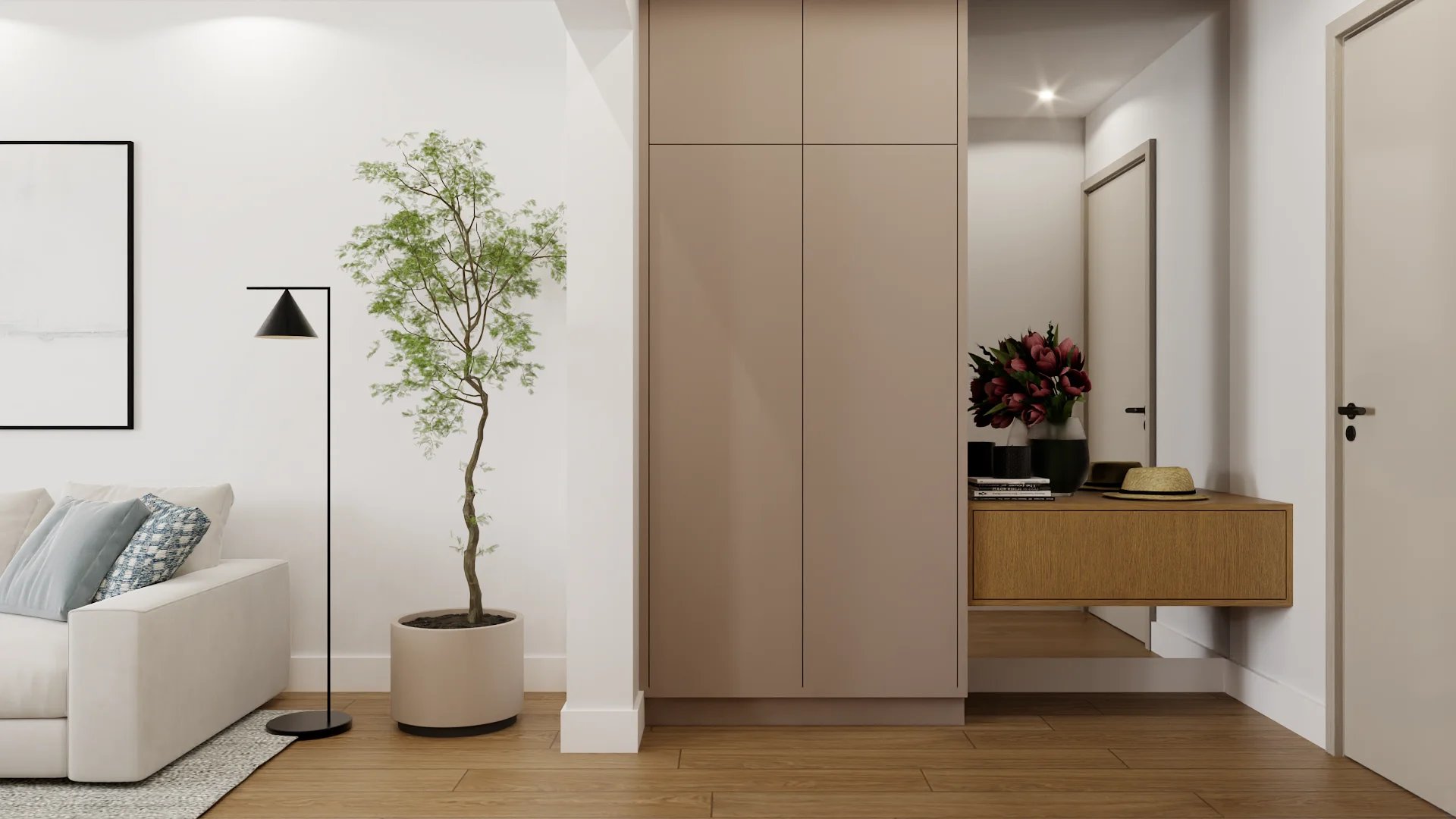 Contemporary foyer with taupe wardrobe, floating oak console, indoor tree, and warm plank flooring