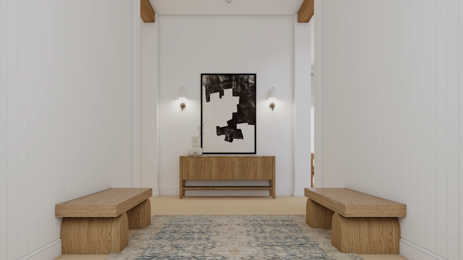 Foyer with twin oak sculptural benches flanking a slatted oak console, abstract black artwork, brass sconces, and vintage blue runner rug