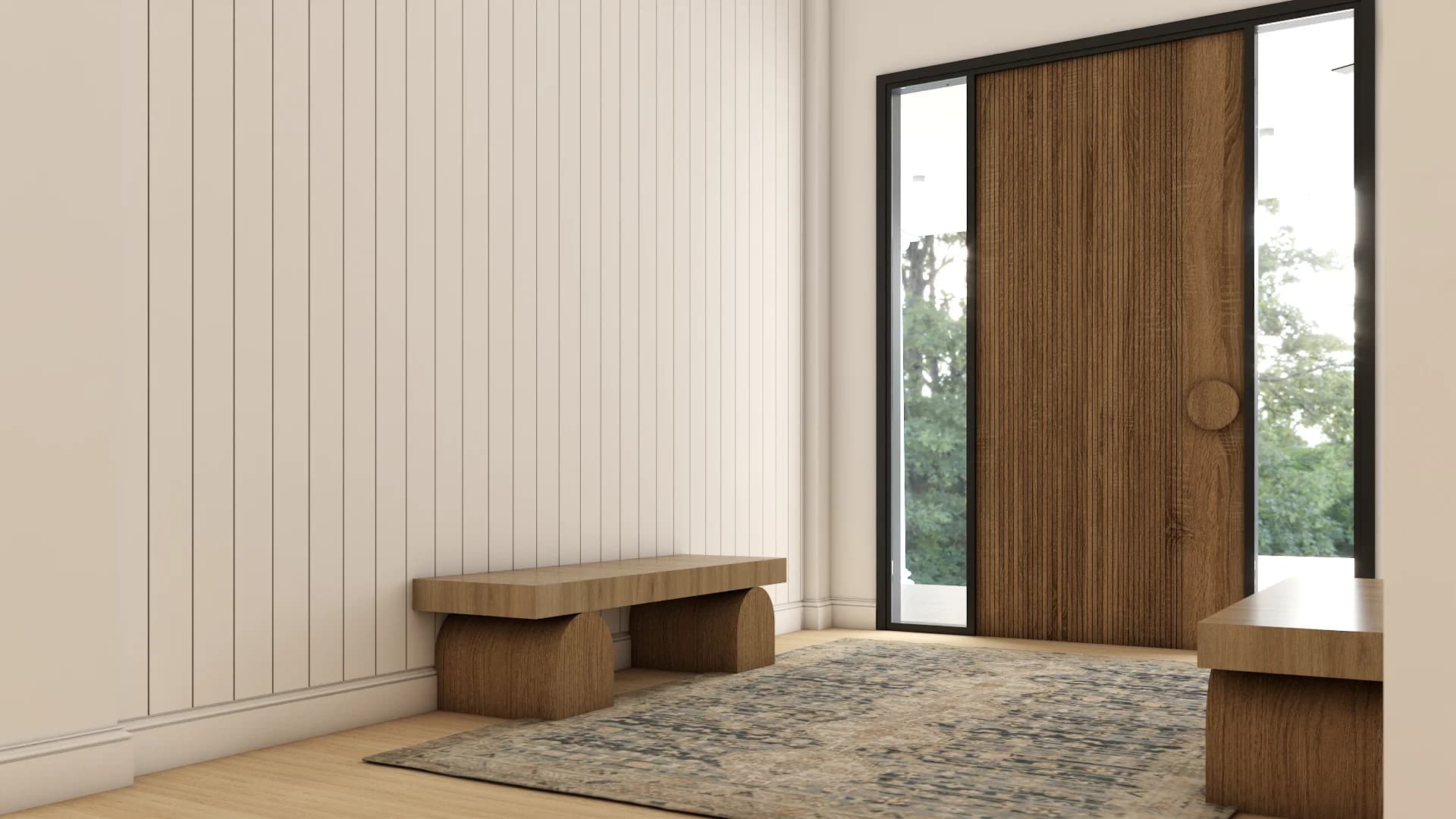 Entry with walnut pivot door, black steel frame sidelights, oak sculptural bench, blue vintage runner, and white shiplap wainscoting