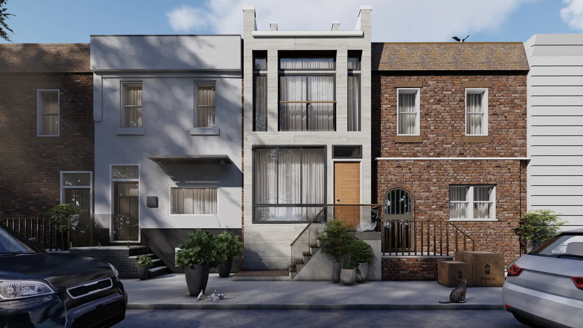 A charming two-story home with a welcoming front porch, classic architectural details, and a beautifully landscaped yard. The design is ideal for family living, combining comfort and style. Design by Debora, an online interior design service by Debora, an online interior design service based in New York.