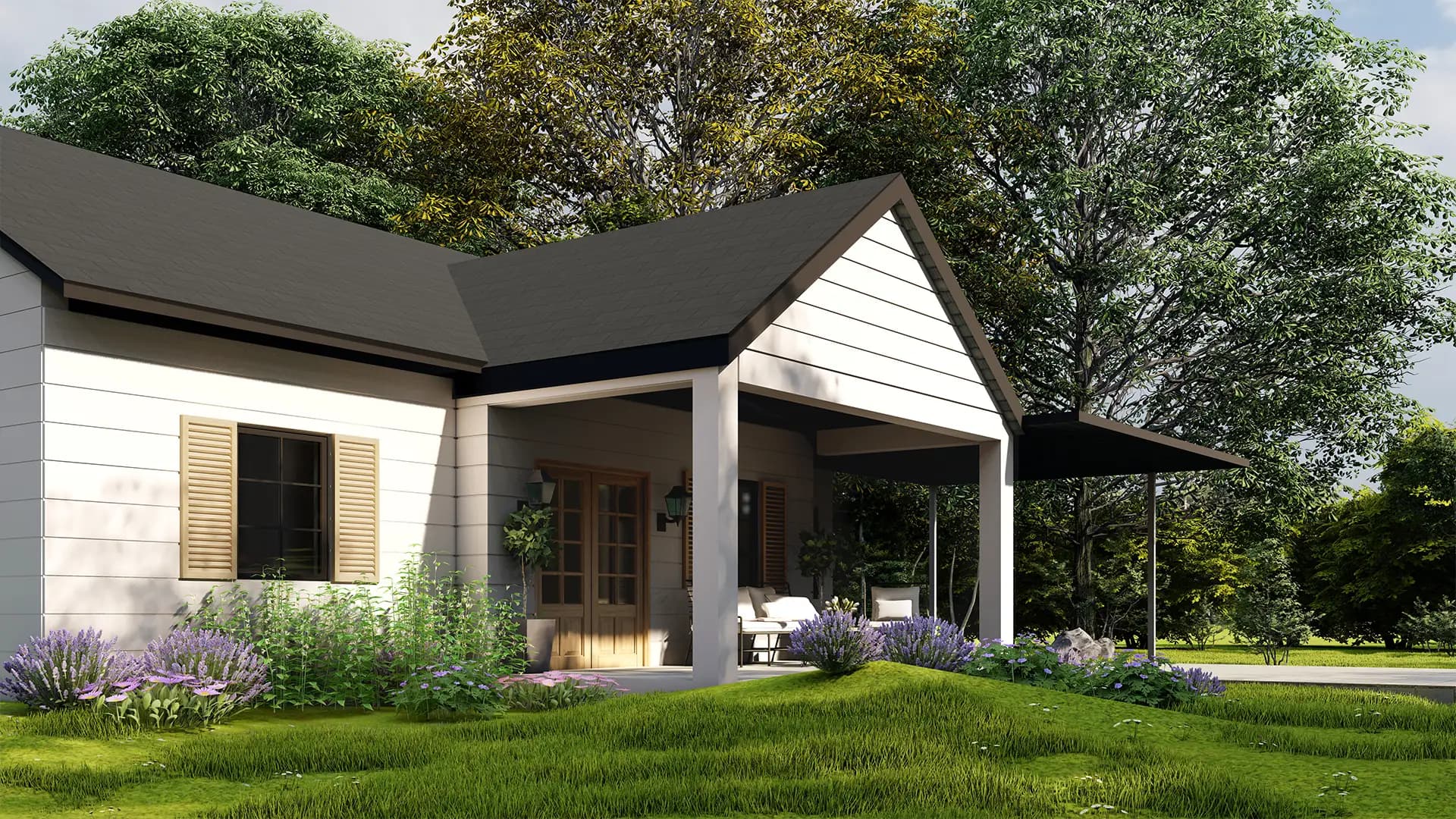 A charming cottage featuring a welcoming front porch with cozy seating, surrounded by lush green gardens and trees. The cottage has large windows that allow ample natural light to enter the space. Design by Debora, an online interior design service.