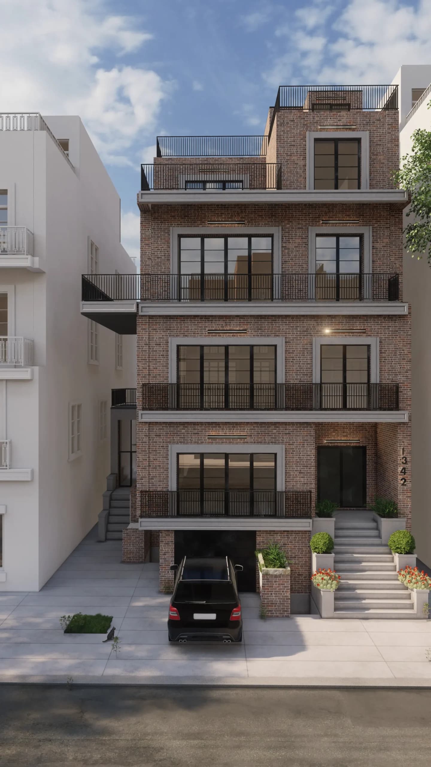 An urban brick building with multiple balconies and modern black-framed windows, perfect for sophisticated city living. The design merges classic architecture with contemporary elements. Design by Debora, an online interior design service.