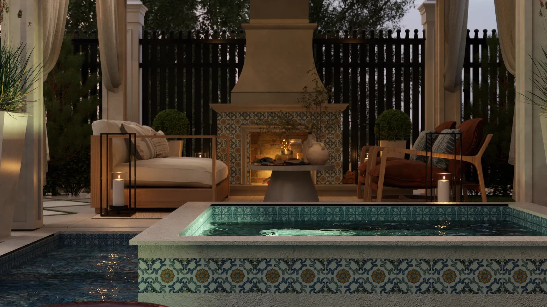 Mosaic tile fireplace surround inside the cabana with view toward the hot tub and palm trees