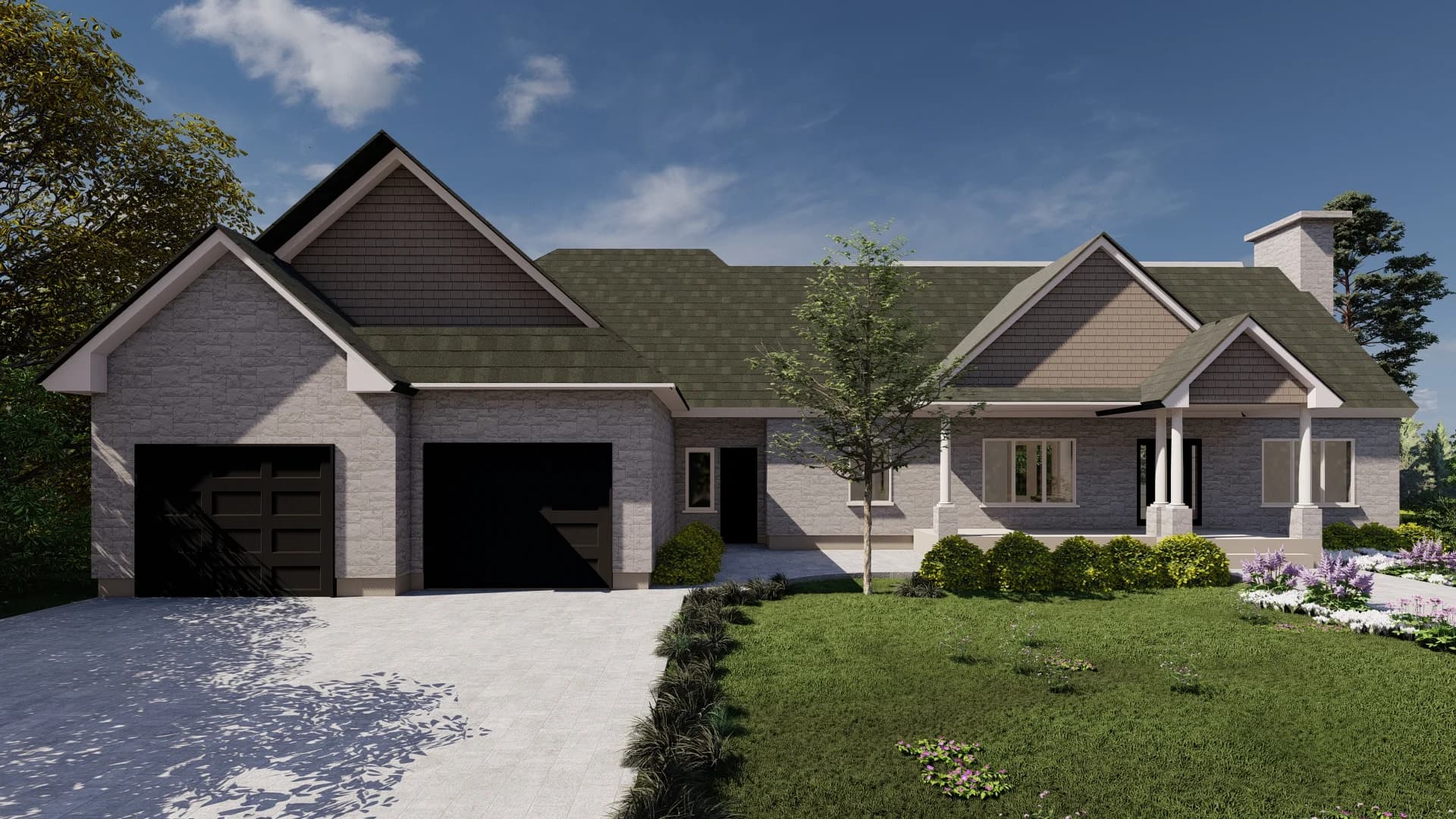 Modern farmhouse front elevation with stone accents, white columns, black garage doors, and gabled rooflines.