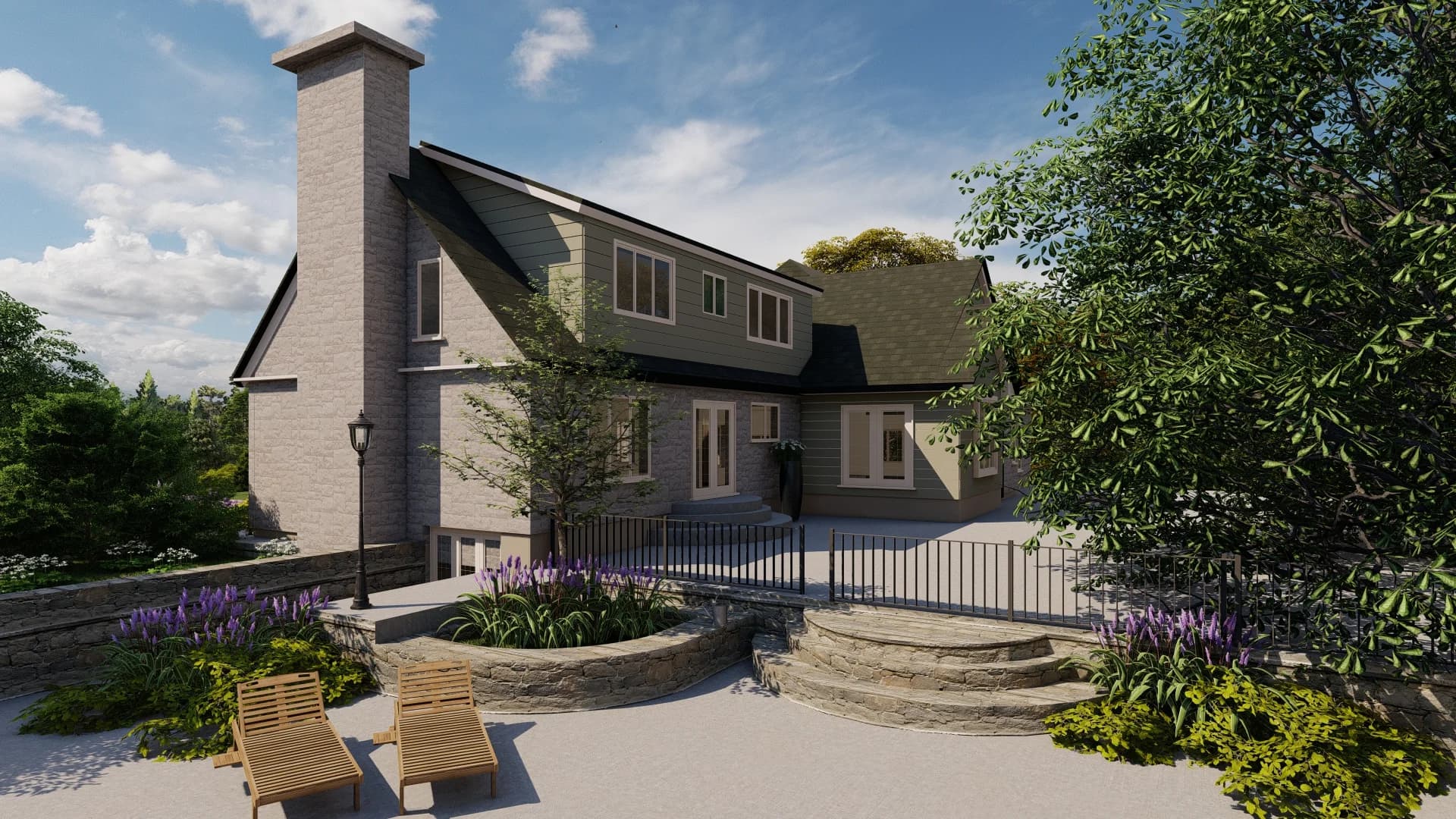 Rear patio exterior with stone chimney, gabled roof, wood lounge chairs, lavender beds, and curved stone steps.