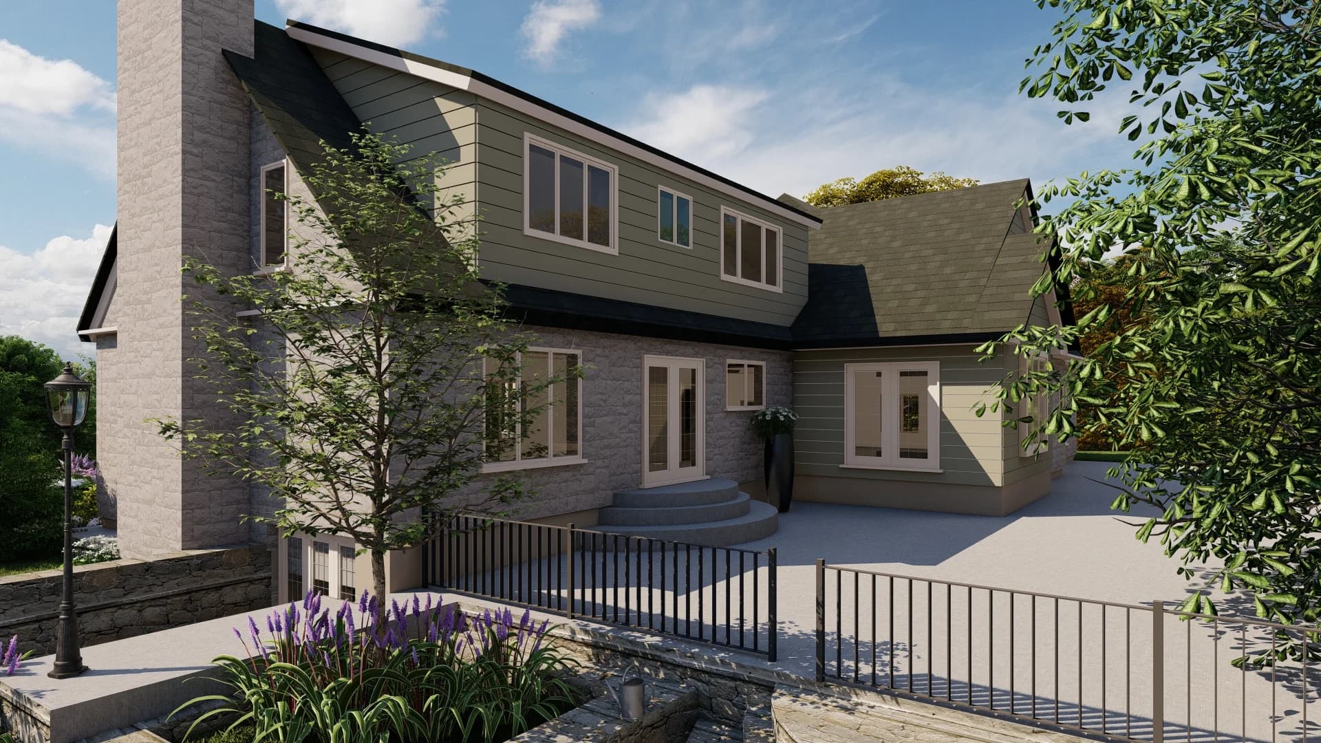Side elevation with stone chimney, mixed siding, gabled rooflines, French doors, and iron railing patio.