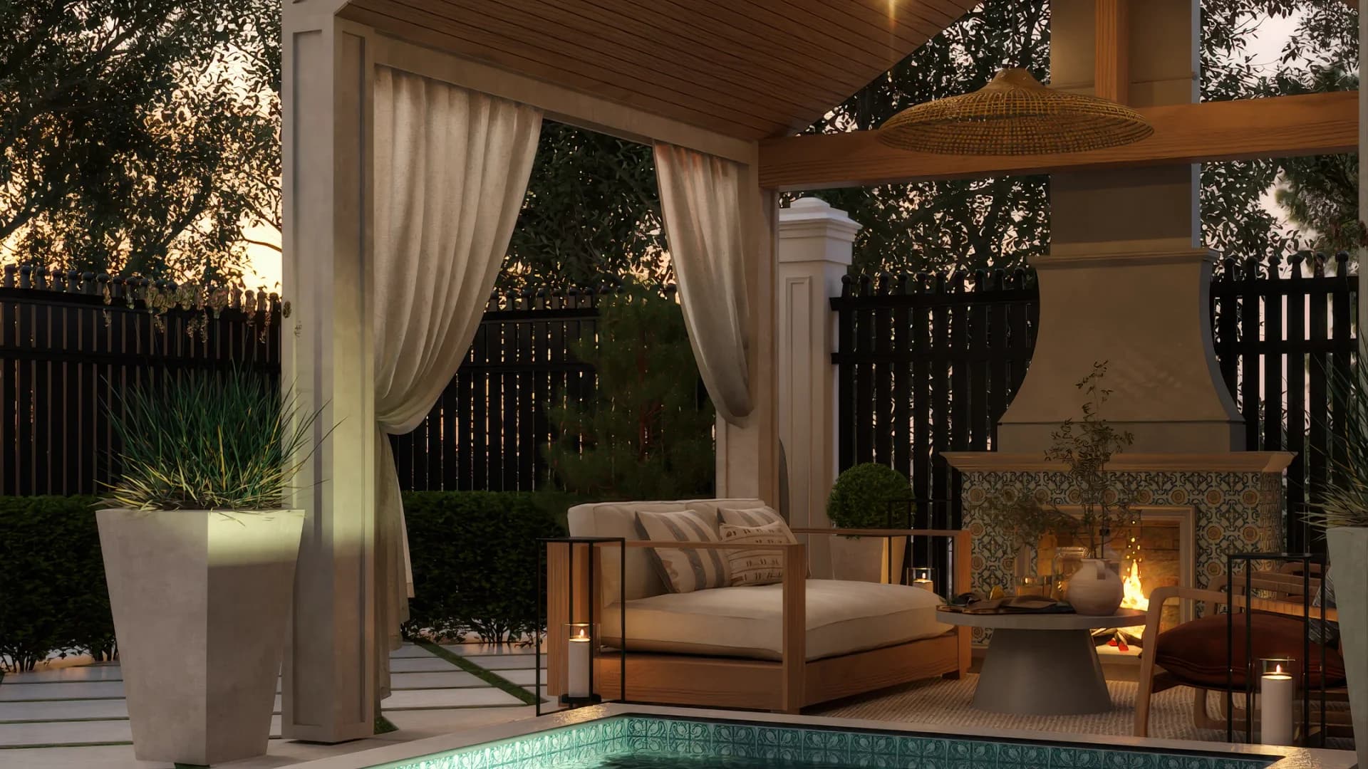 Mediterranean cabana interior with woven pendant lights, mosaic tile fireplace, and view toward the lit pool at dusk