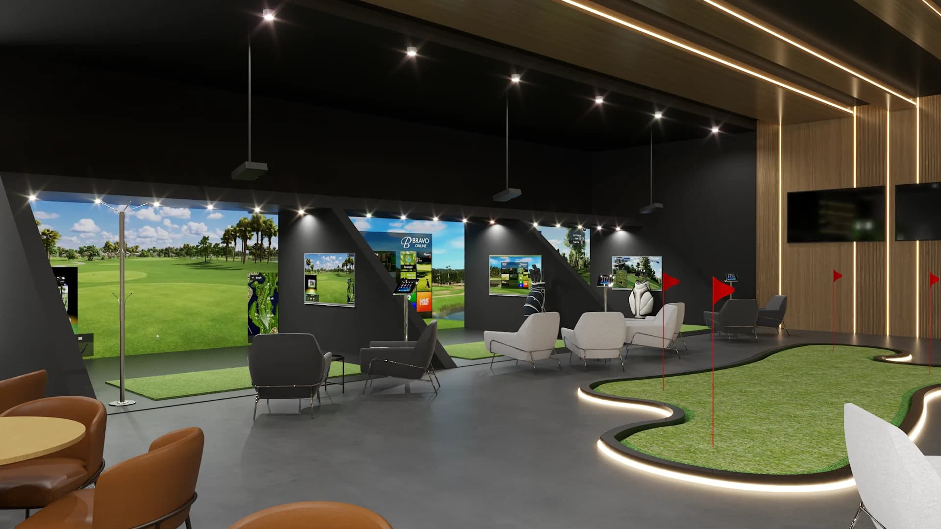 Golf simulator club main hall with multiple simulator bays, central LED putting green, oak ceiling panels, and lounge seating
