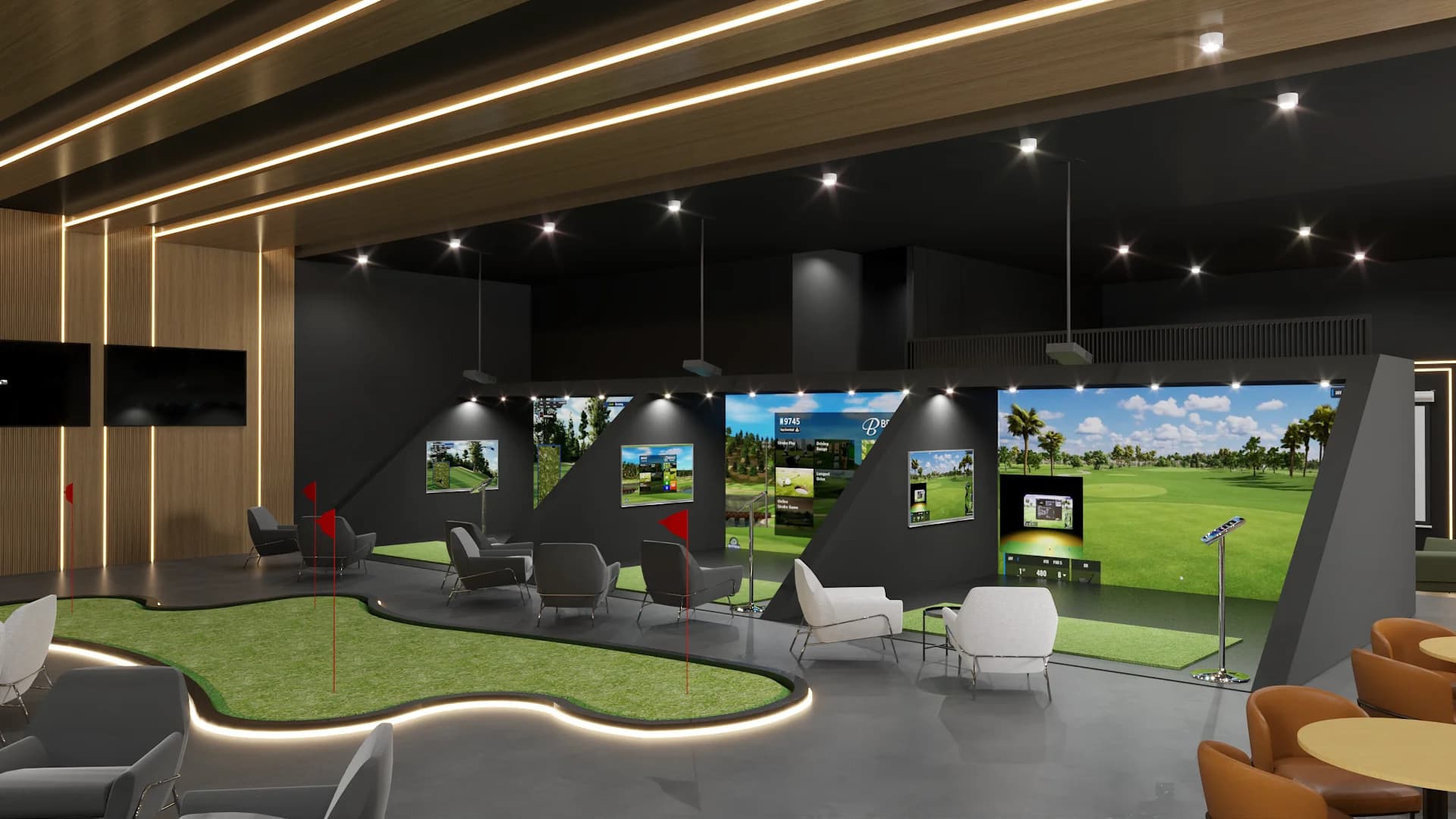 Wide hall view showing three simulator bays with screens, putting green, and dining tables