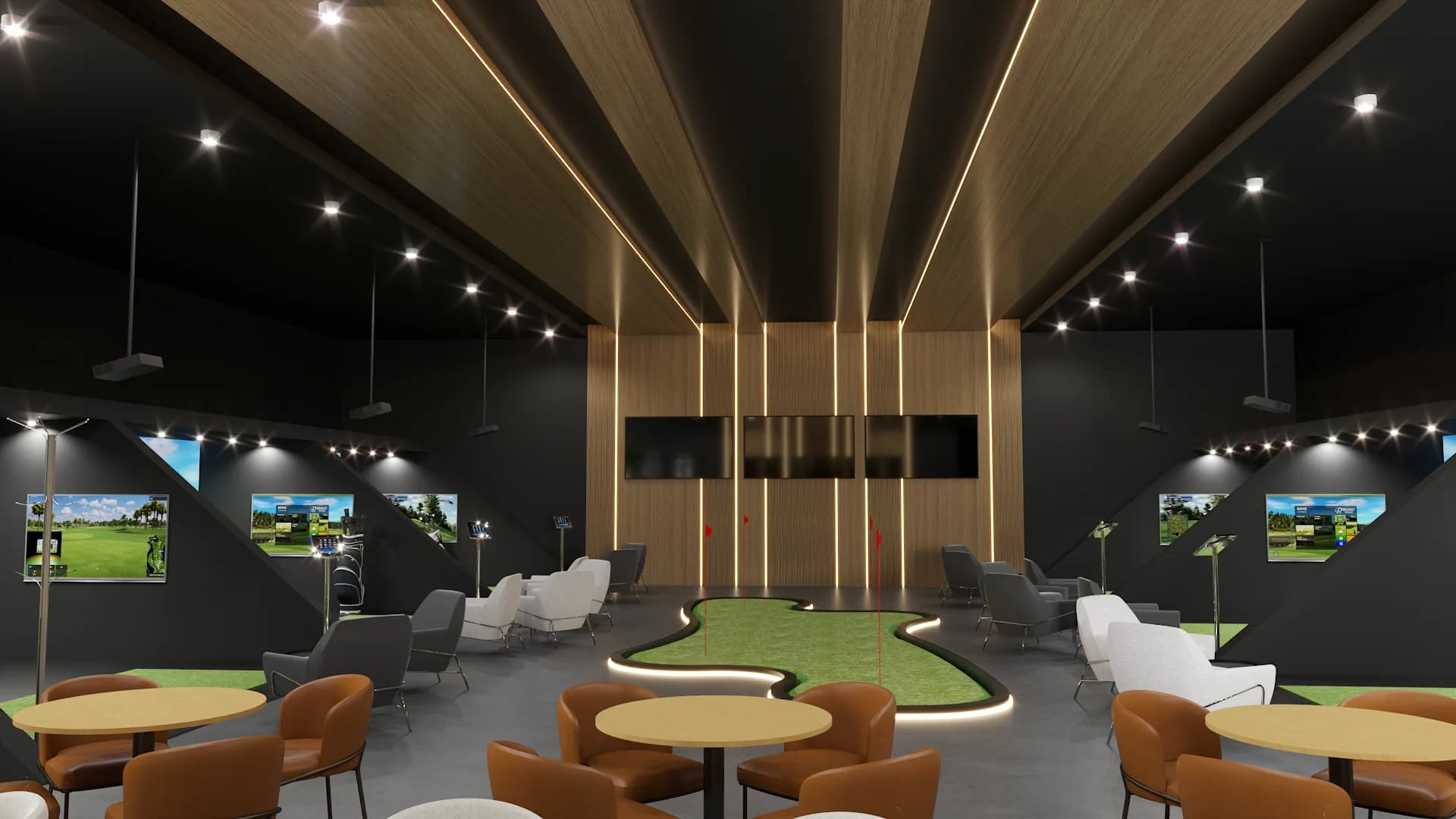 Main hall with oak-paneled ceiling, LED strips, putting green center, caramel chairs and round tables
