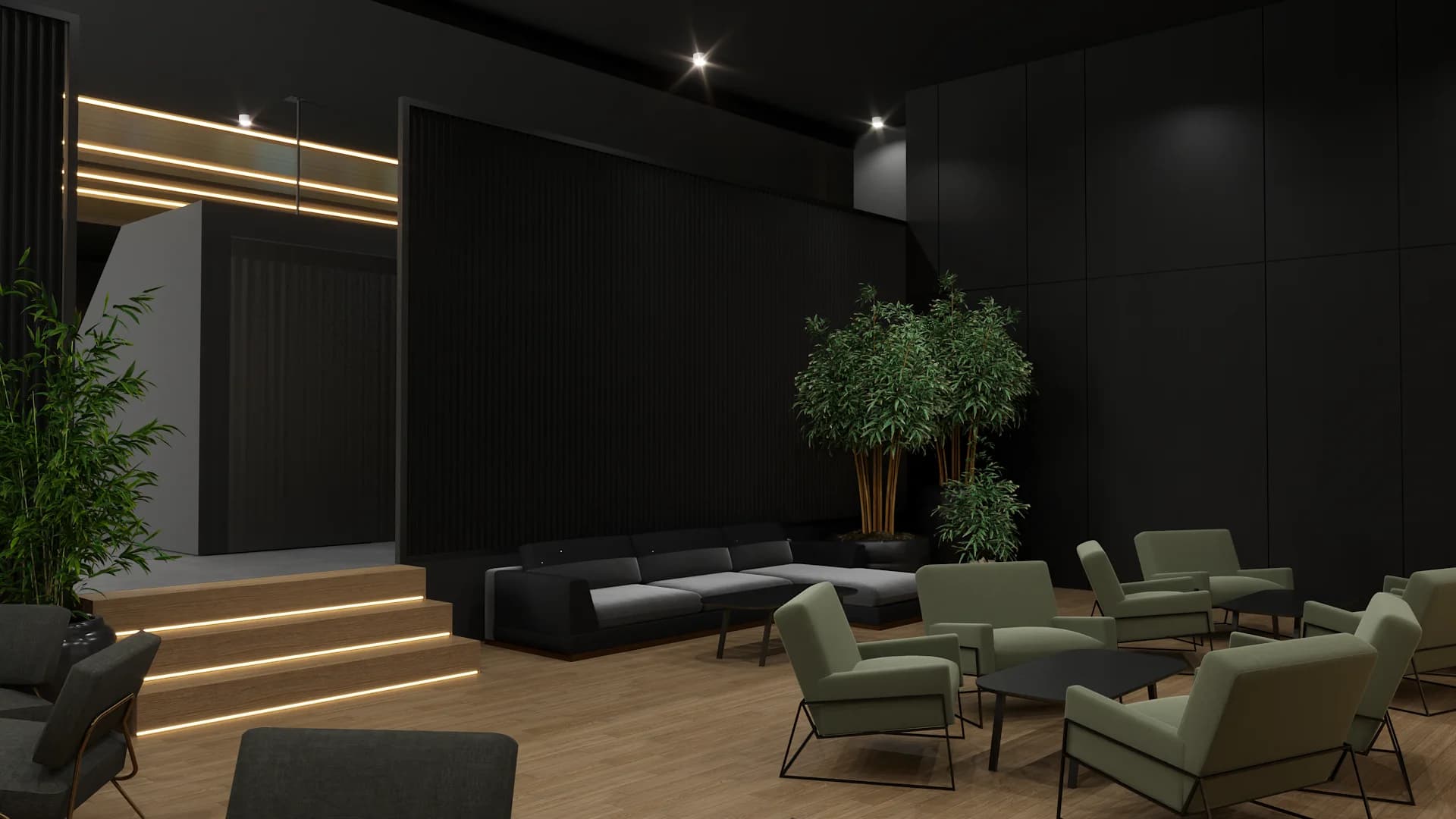 Screening lounge with sage green chairs, large indoor bamboo plants, LED step lighting