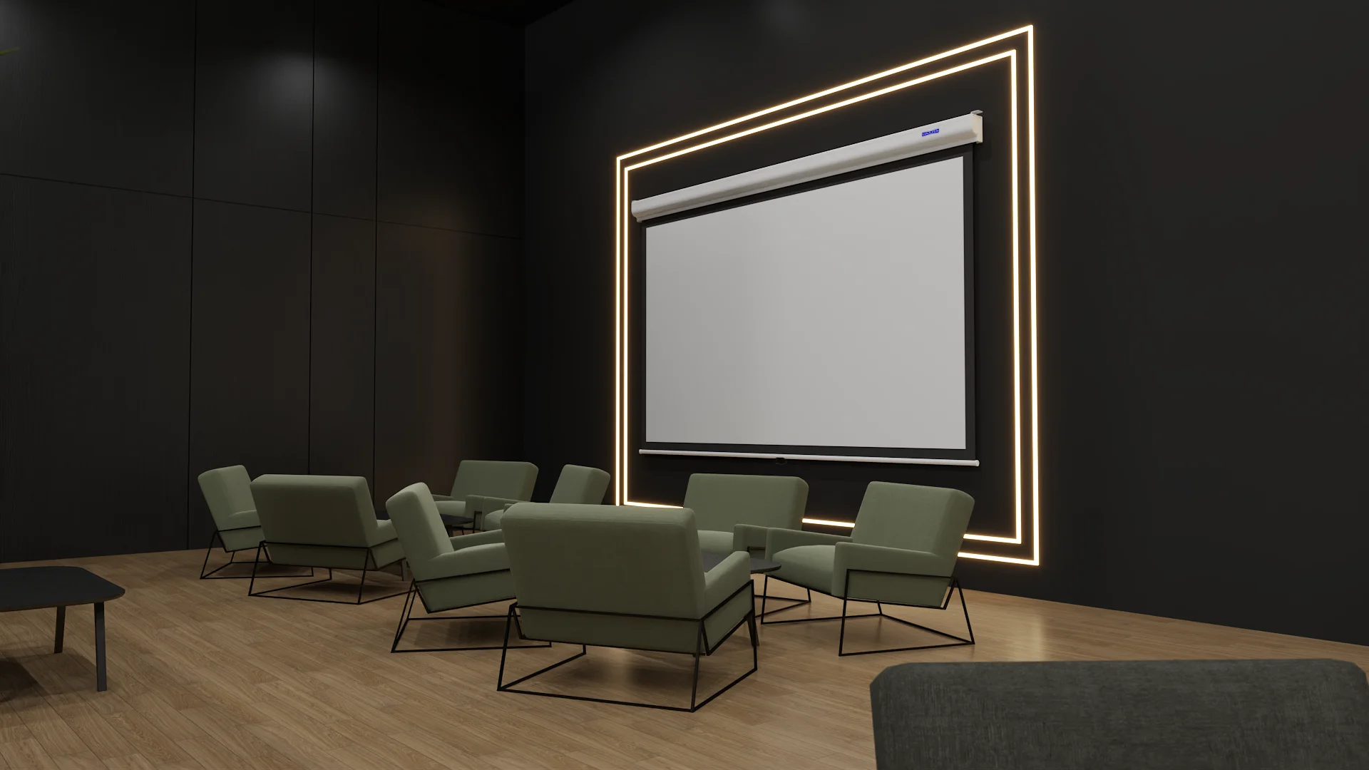 Projection screen with gold LED square frame, eight sage green armchairs in dark room