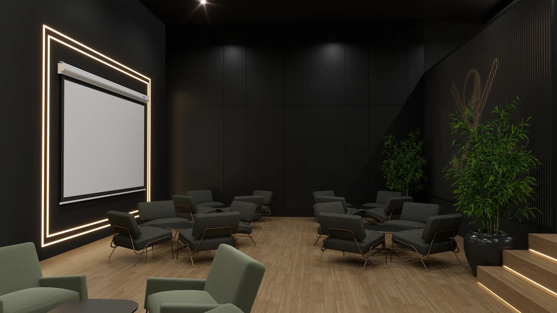 Dark screening room with projection screen framed by gold LED, sage green armchairs on wood floor