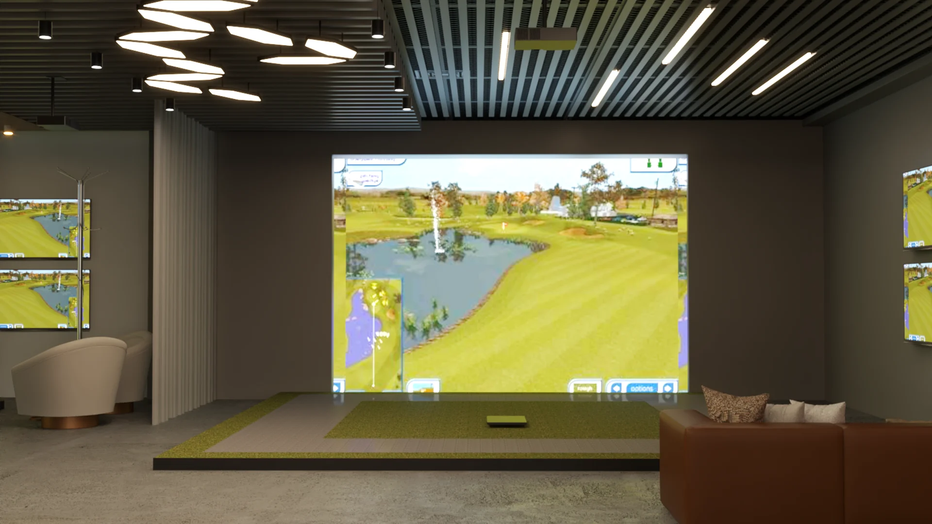 Simulator bay with circular pendant lights, rust leather sofa, stacked side screens