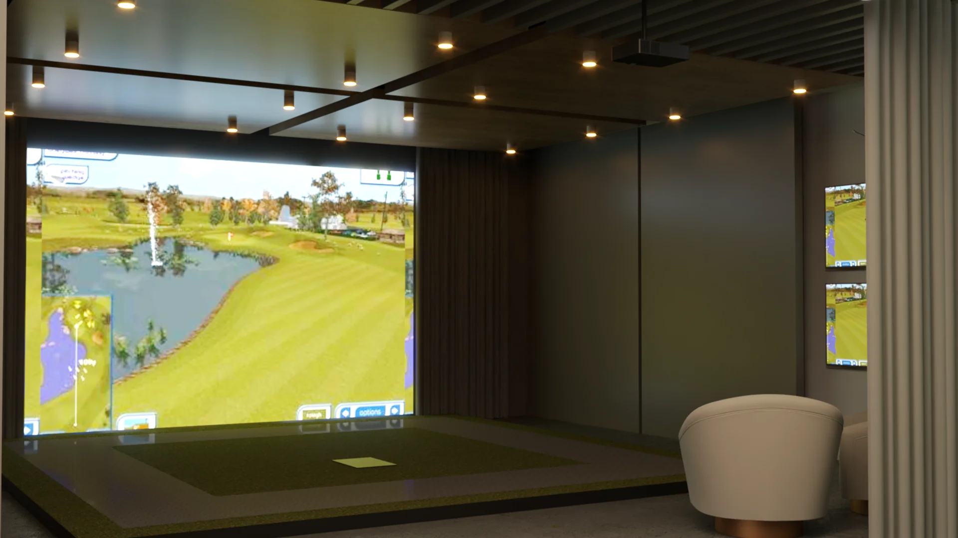 Simulator bay with dark coffered ceiling, recessed spotlights, cream barrel chair