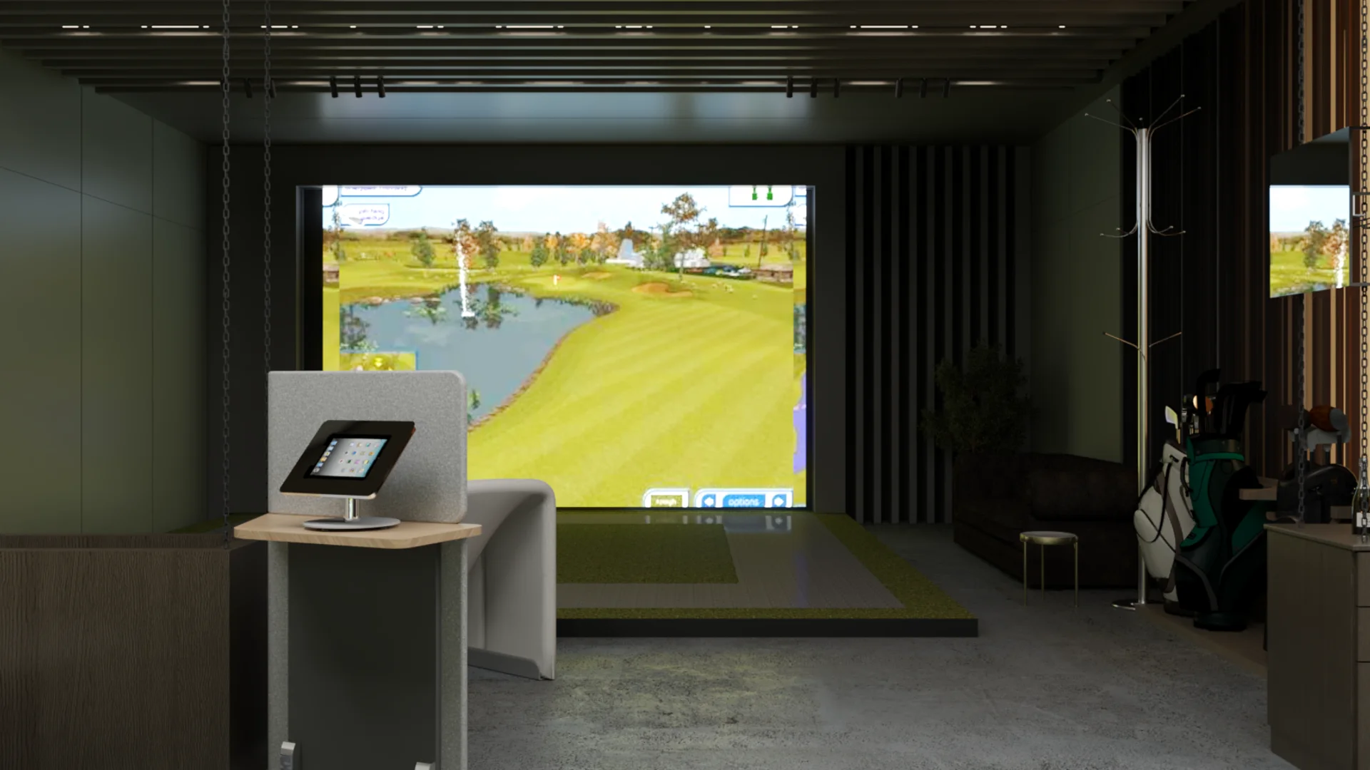 Simulator bay with dark vertical wall slats, golf bag storage, tablet controller stand